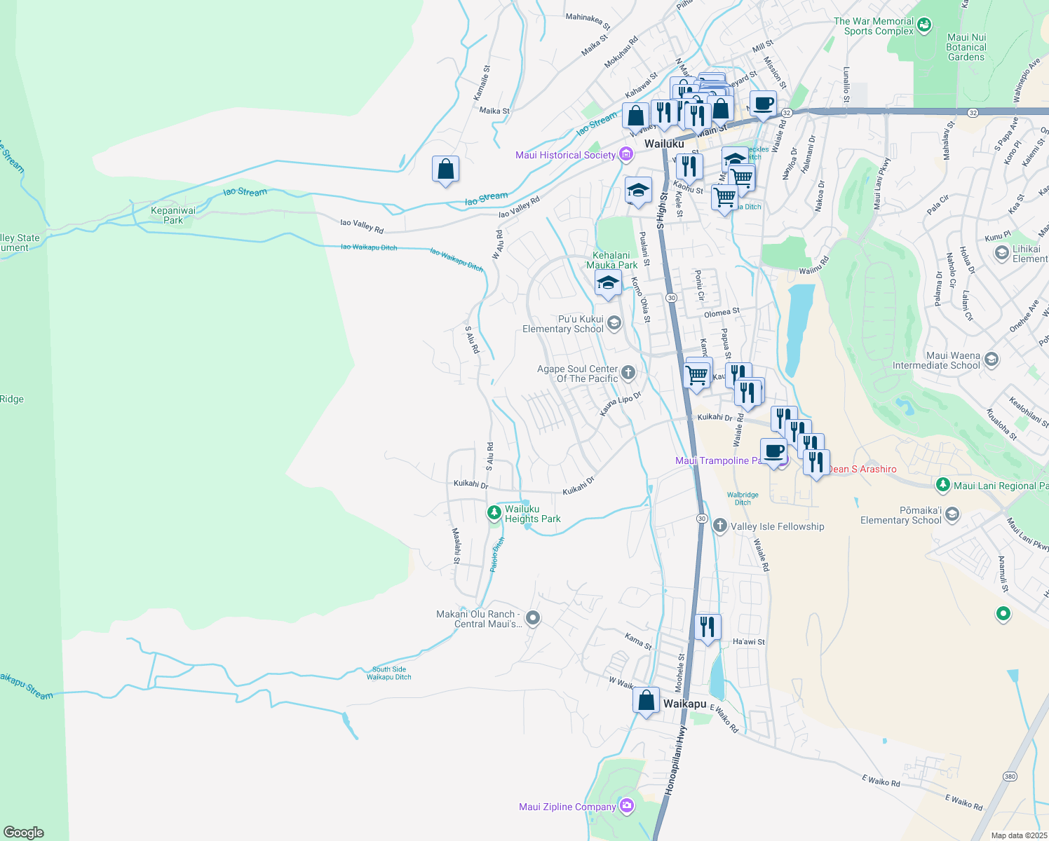 map of restaurants, bars, coffee shops, grocery stores, and more near 0 Kauna Lipo Drive in Wailuku