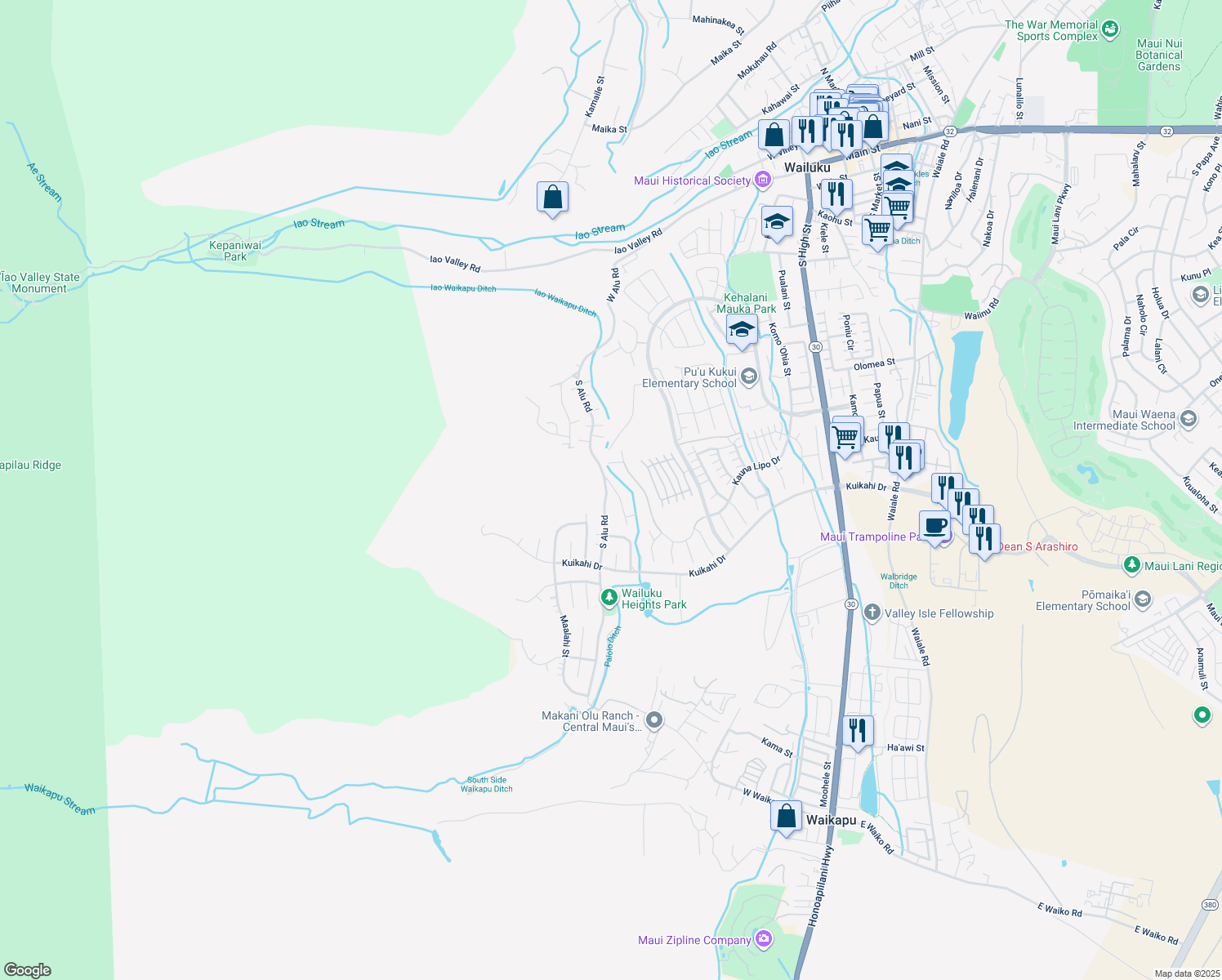 map of restaurants, bars, coffee shops, grocery stores, and more near 435 Palani Place in Wailuku