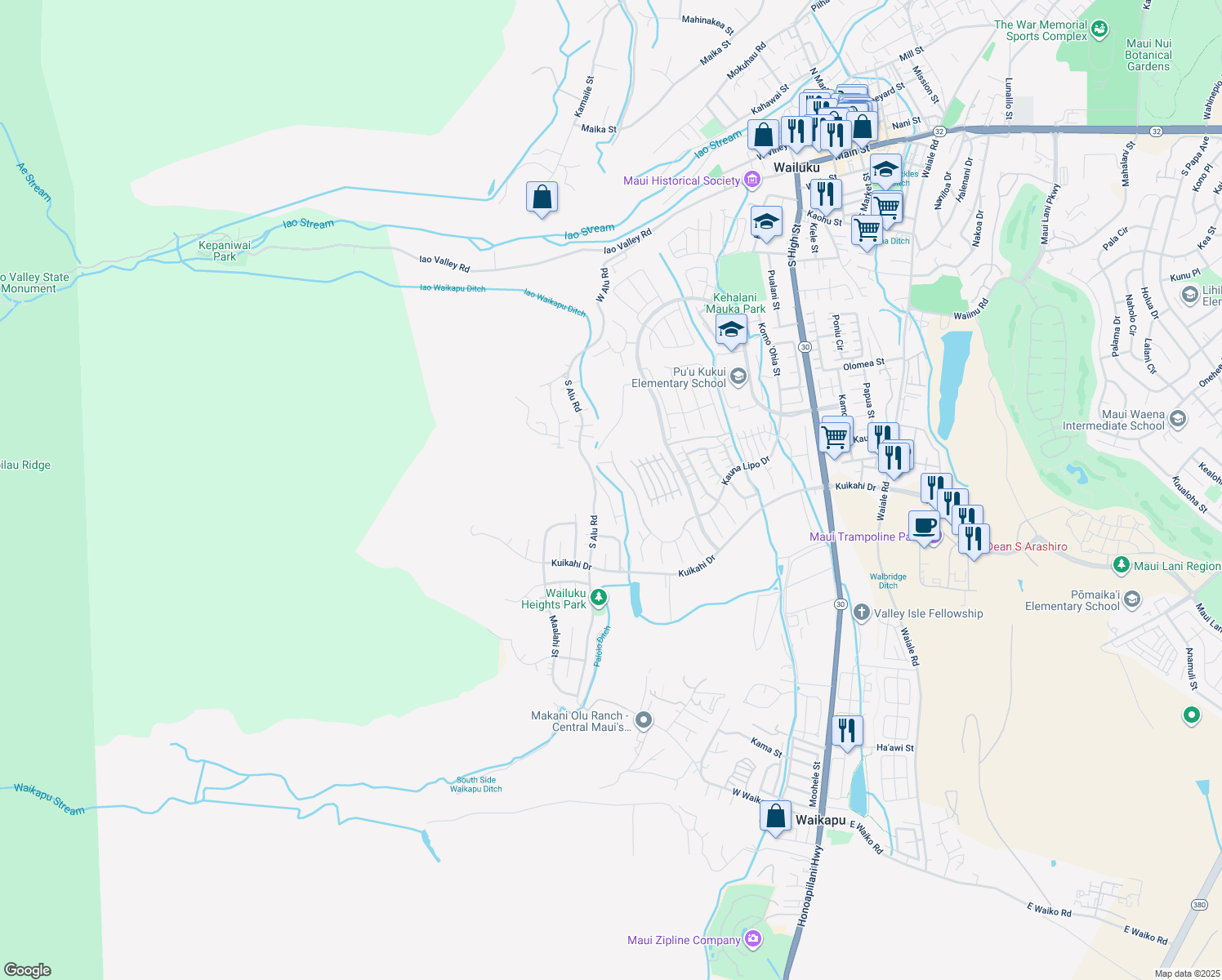 map of restaurants, bars, coffee shops, grocery stores, and more near 427 Palani Place in Wailuku