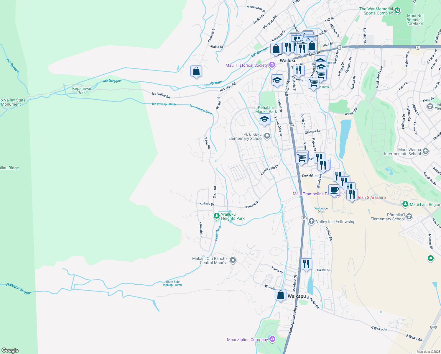 map of restaurants, bars, coffee shops, grocery stores, and more near 427 Palani Place in Wailuku