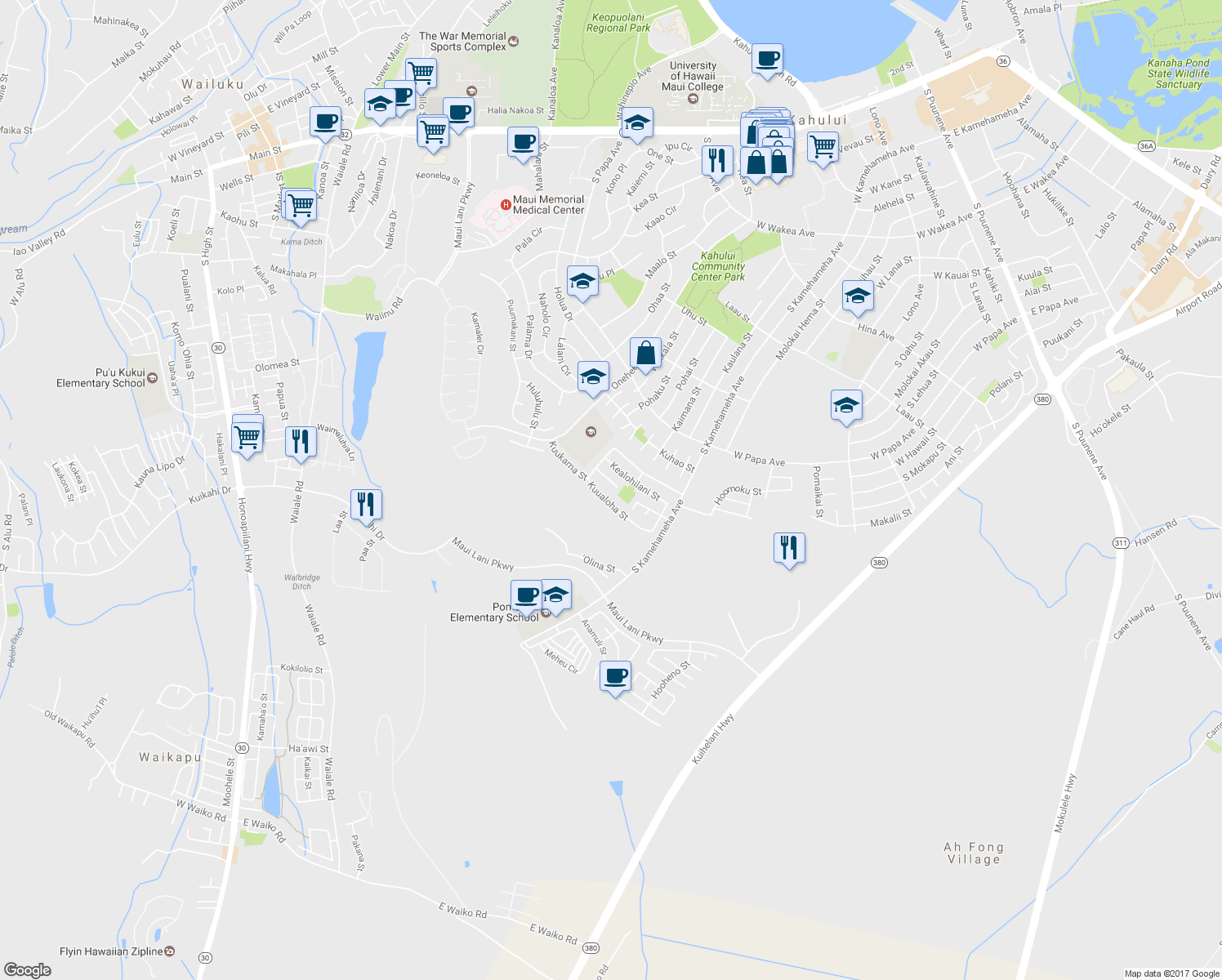 map of restaurants, bars, coffee shops, grocery stores, and more near 48 Kuuhale Place in Kahului