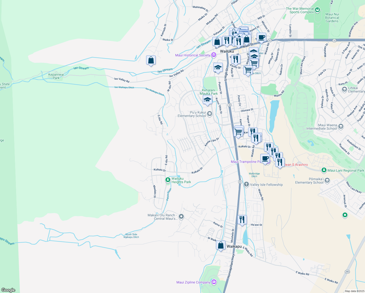 map of restaurants, bars, coffee shops, grocery stores, and more near 66 Awela Circle in Wailuku