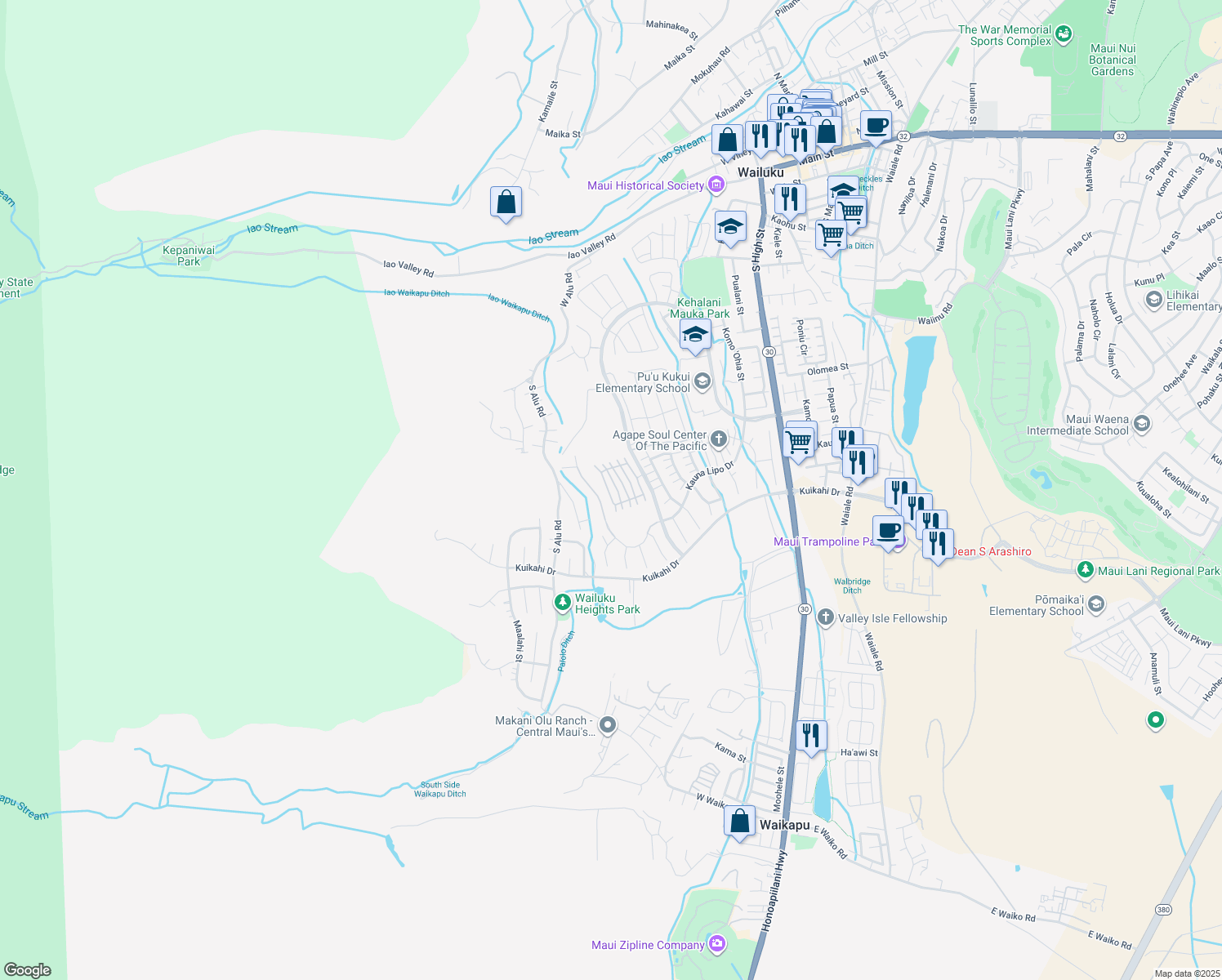 map of restaurants, bars, coffee shops, grocery stores, and more near 66 Awela Circle in Wailuku