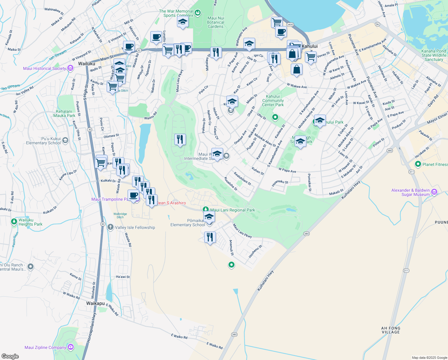 map of restaurants, bars, coffee shops, grocery stores, and more near 175 Kuualoha Street in Kahului