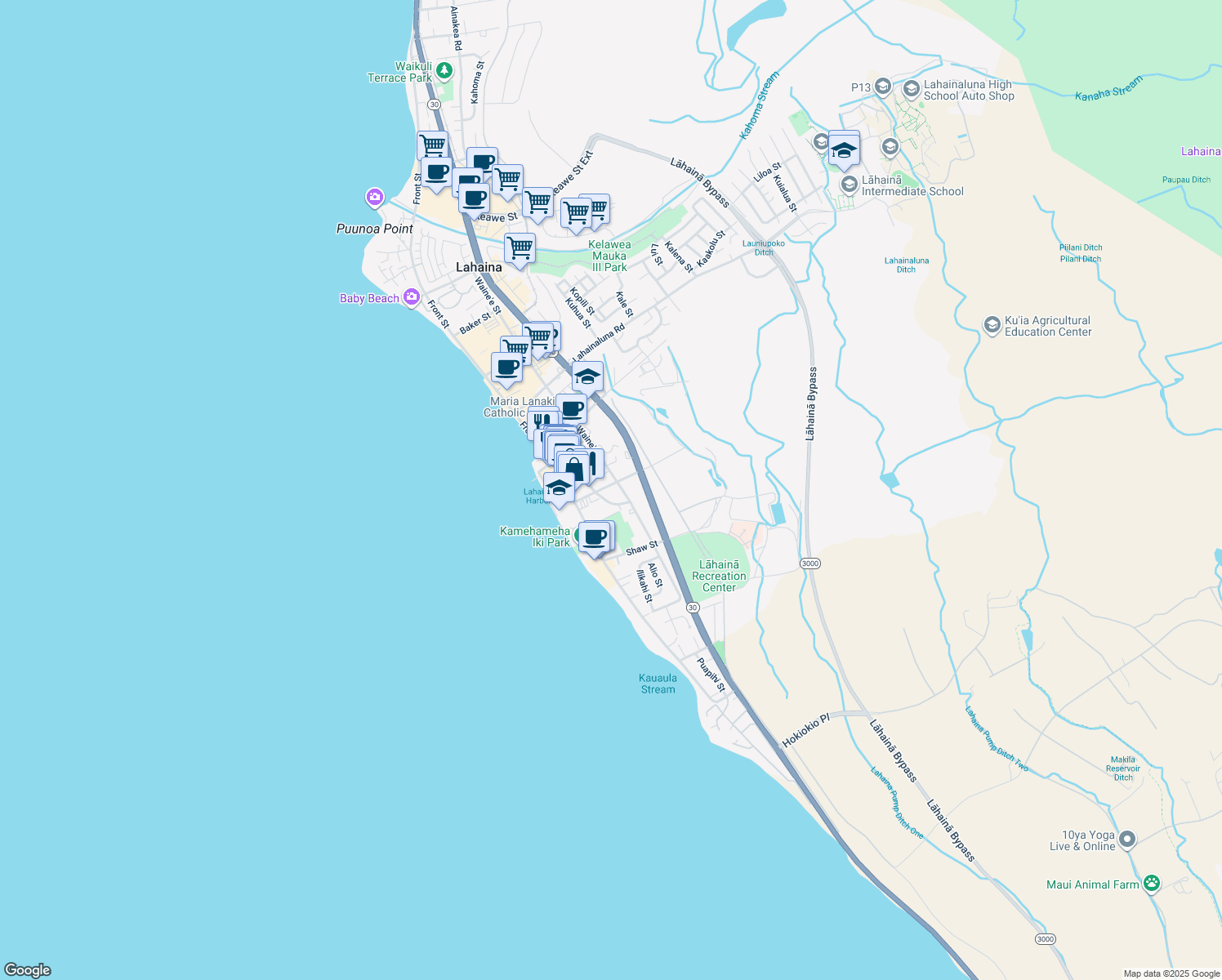 map of restaurants, bars, coffee shops, grocery stores, and more near 176 Prison Street in Lahaina