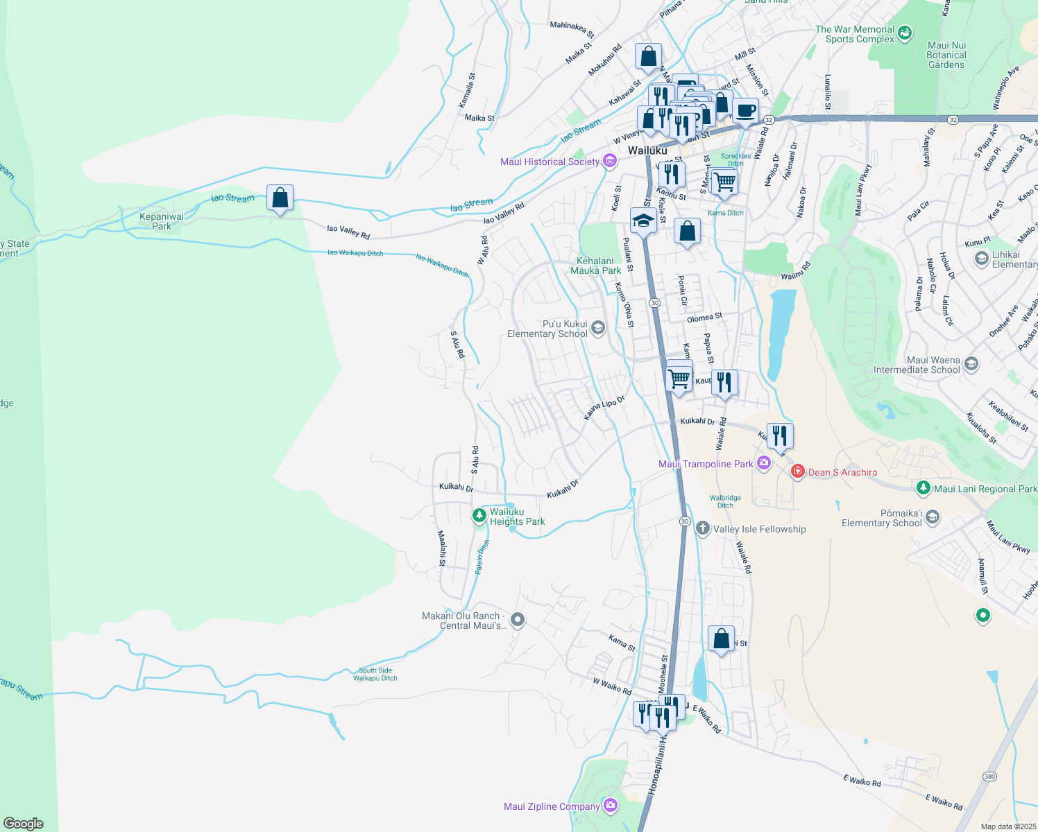 map of restaurants, bars, coffee shops, grocery stores, and more near 68 Awela Circle in Wailuku