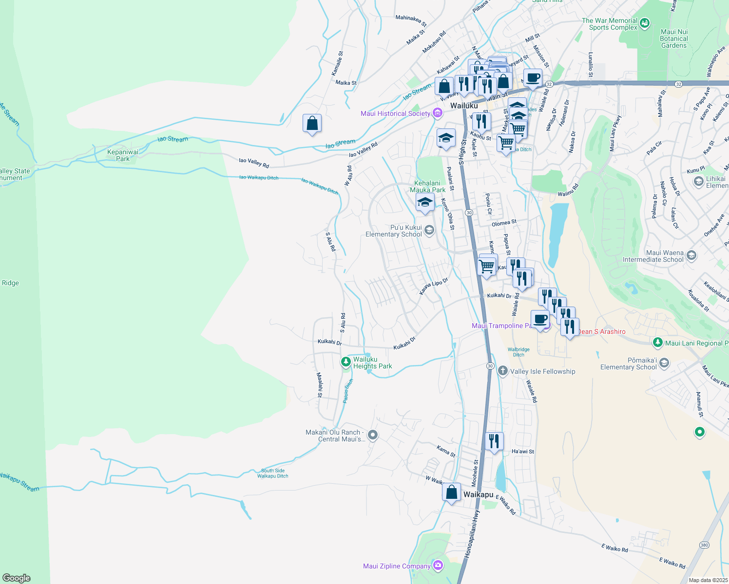 map of restaurants, bars, coffee shops, grocery stores, and more near 0 Kauna Lipo Drive in Wailuku