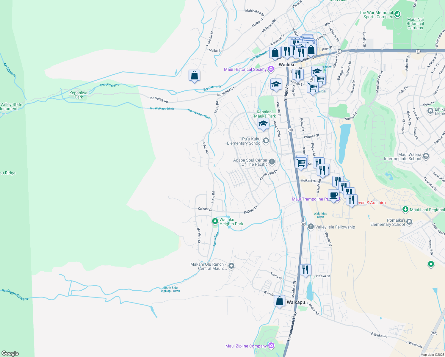 map of restaurants, bars, coffee shops, grocery stores, and more near 0 Kauna Lipo Drive in Wailuku