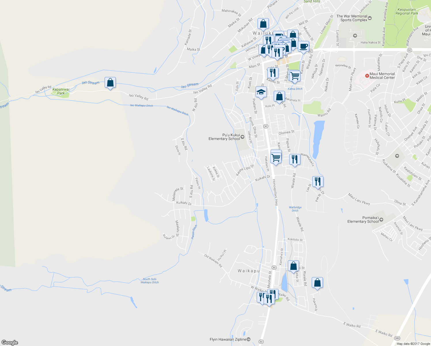 map of restaurants, bars, coffee shops, grocery stores, and more near 31 Awela Circle in Wailuku