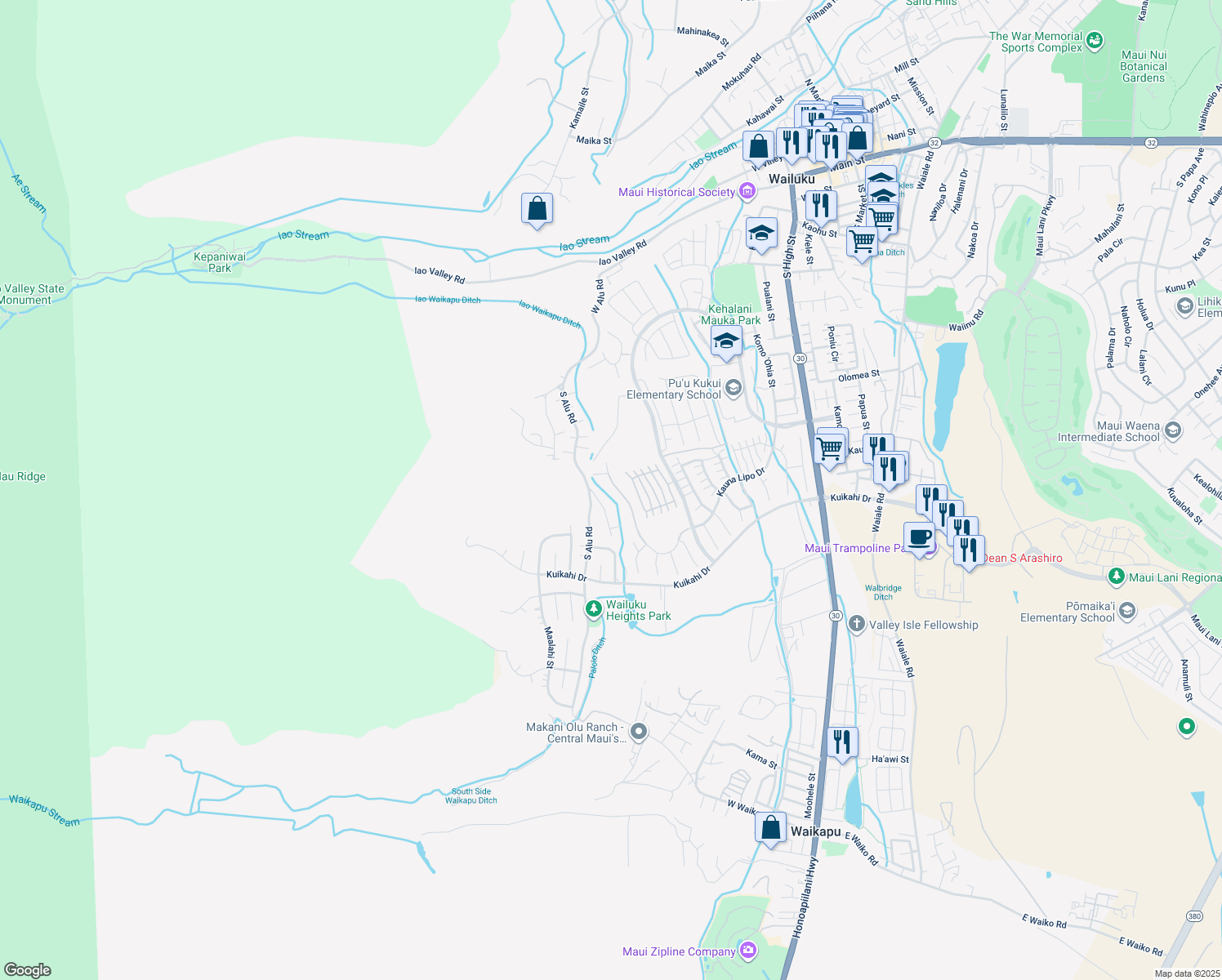 map of restaurants, bars, coffee shops, grocery stores, and more near 629 Kauna Lipo Drive in Wailuku