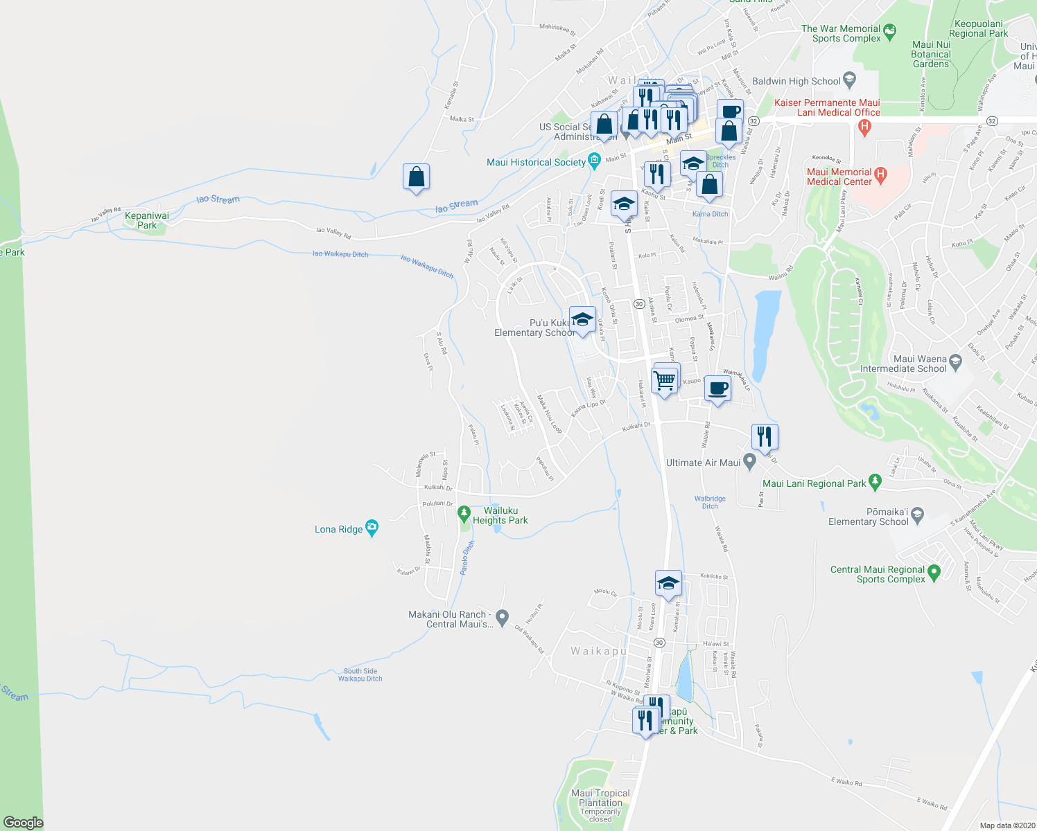map of restaurants, bars, coffee shops, grocery stores, and more near 17 Kokea Street in Wailuku