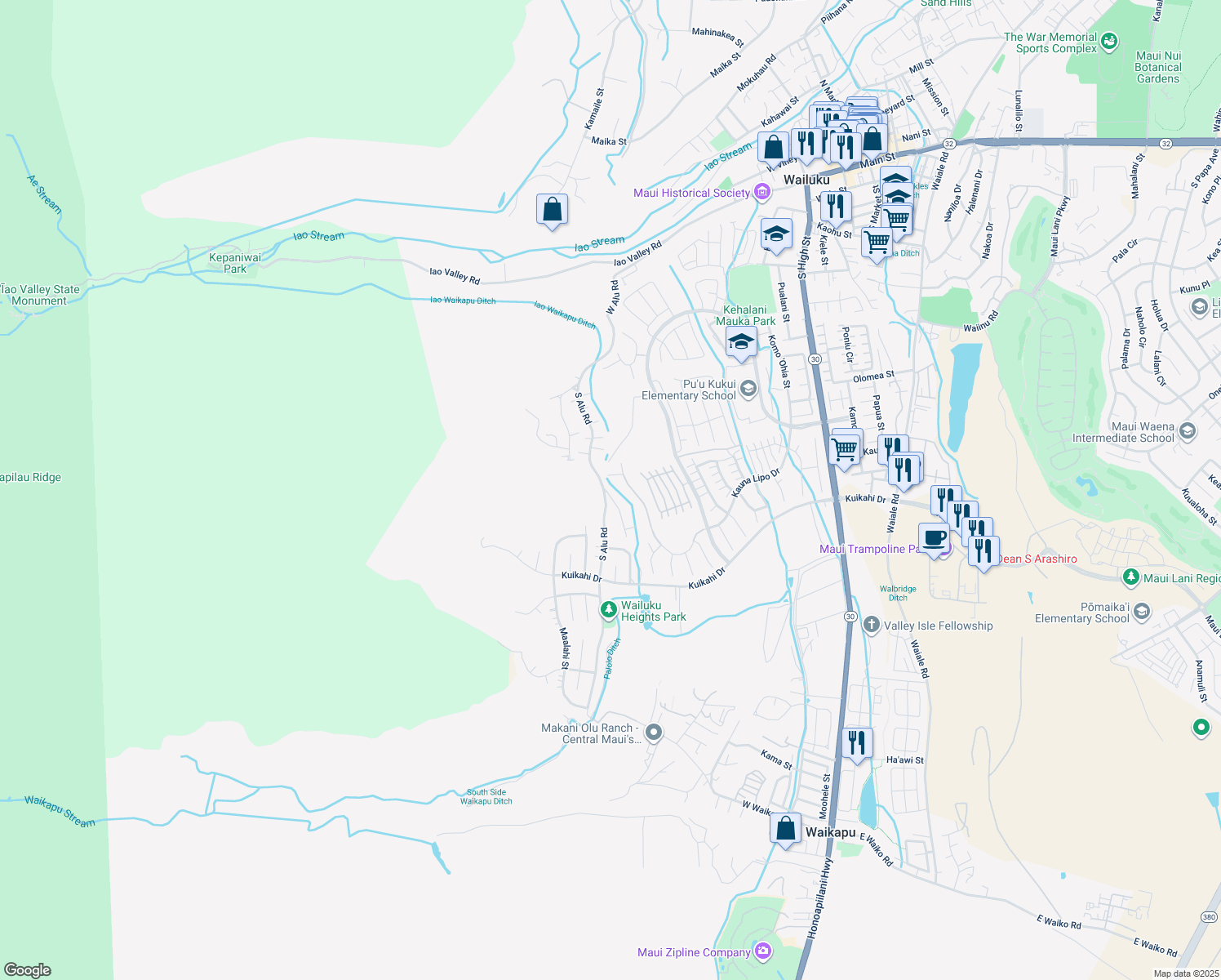 map of restaurants, bars, coffee shops, grocery stores, and more near 401 Palani Place in Wailuku