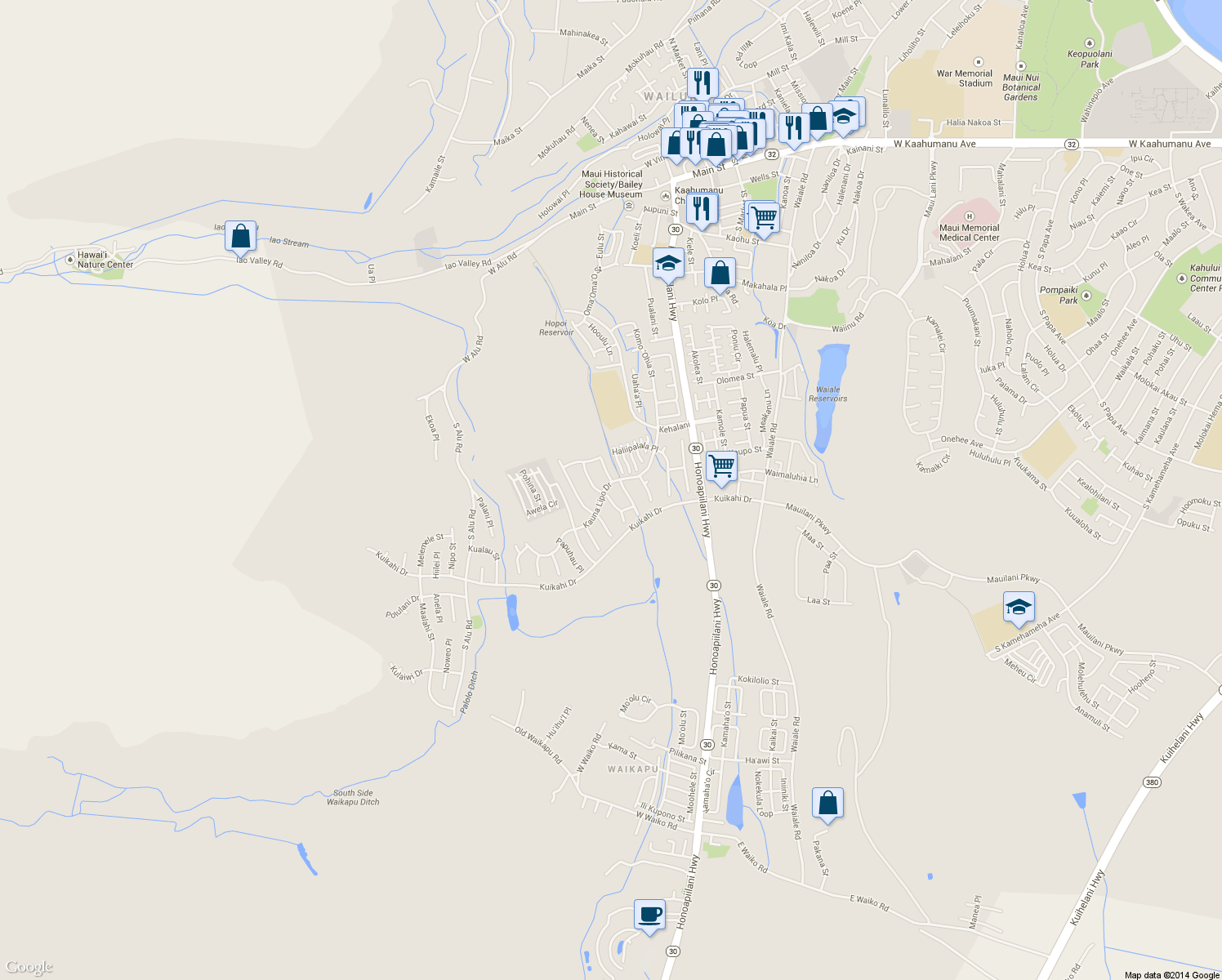 map of restaurants, bars, coffee shops, grocery stores, and more near 67 Kinohi Loa Loop in Wailuku