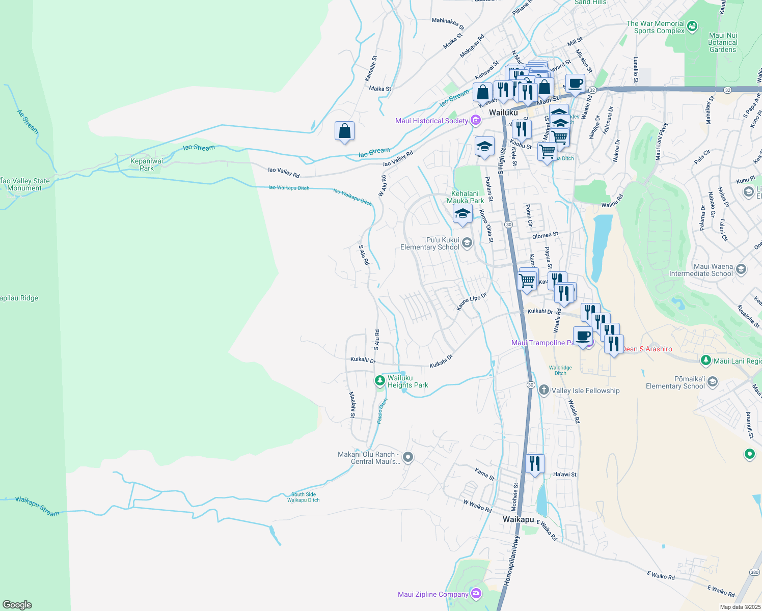 map of restaurants, bars, coffee shops, grocery stores, and more near 401 Palani Place in Wailuku