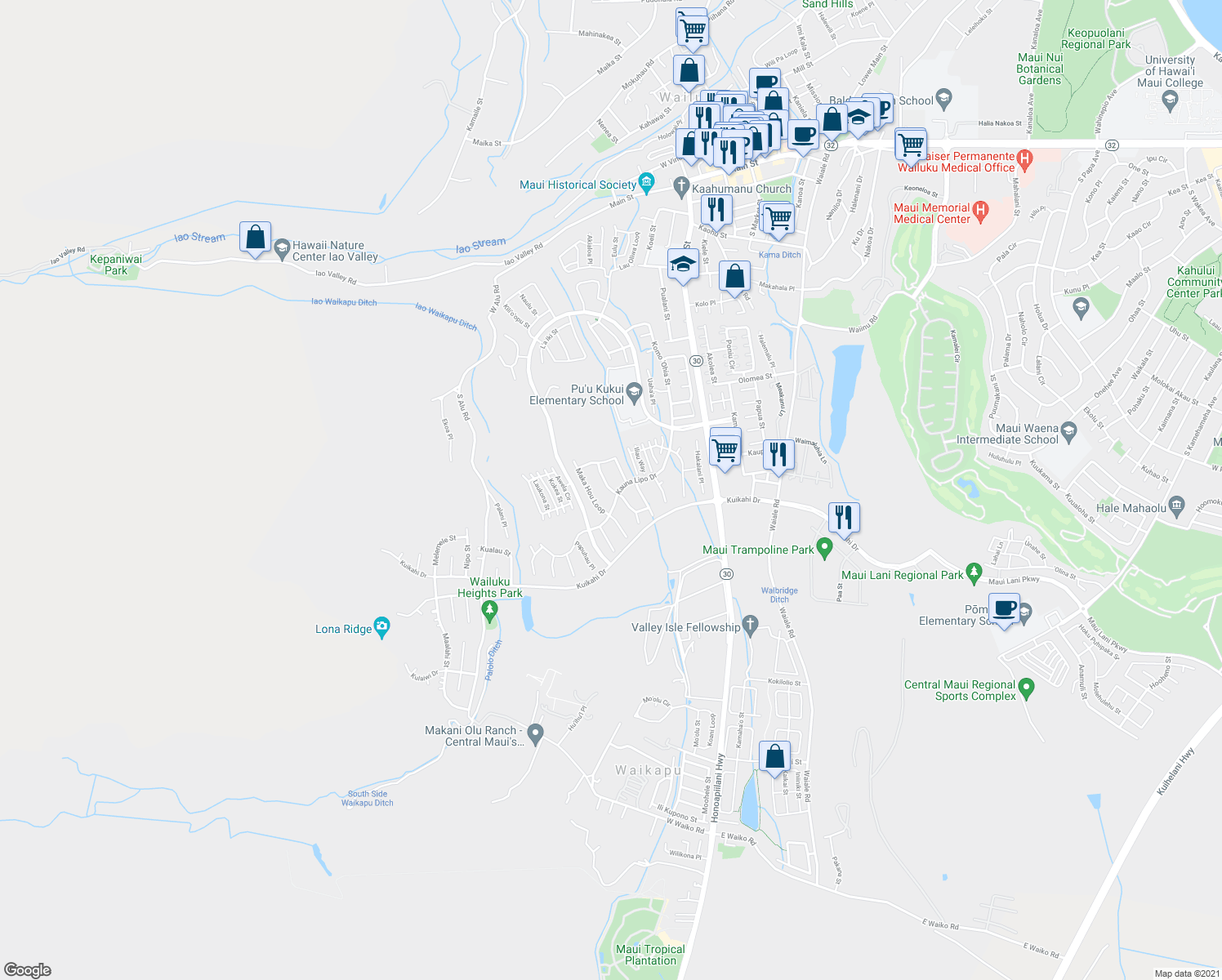 map of restaurants, bars, coffee shops, grocery stores, and more near 107 Kinohi Loa Street in Wailuku