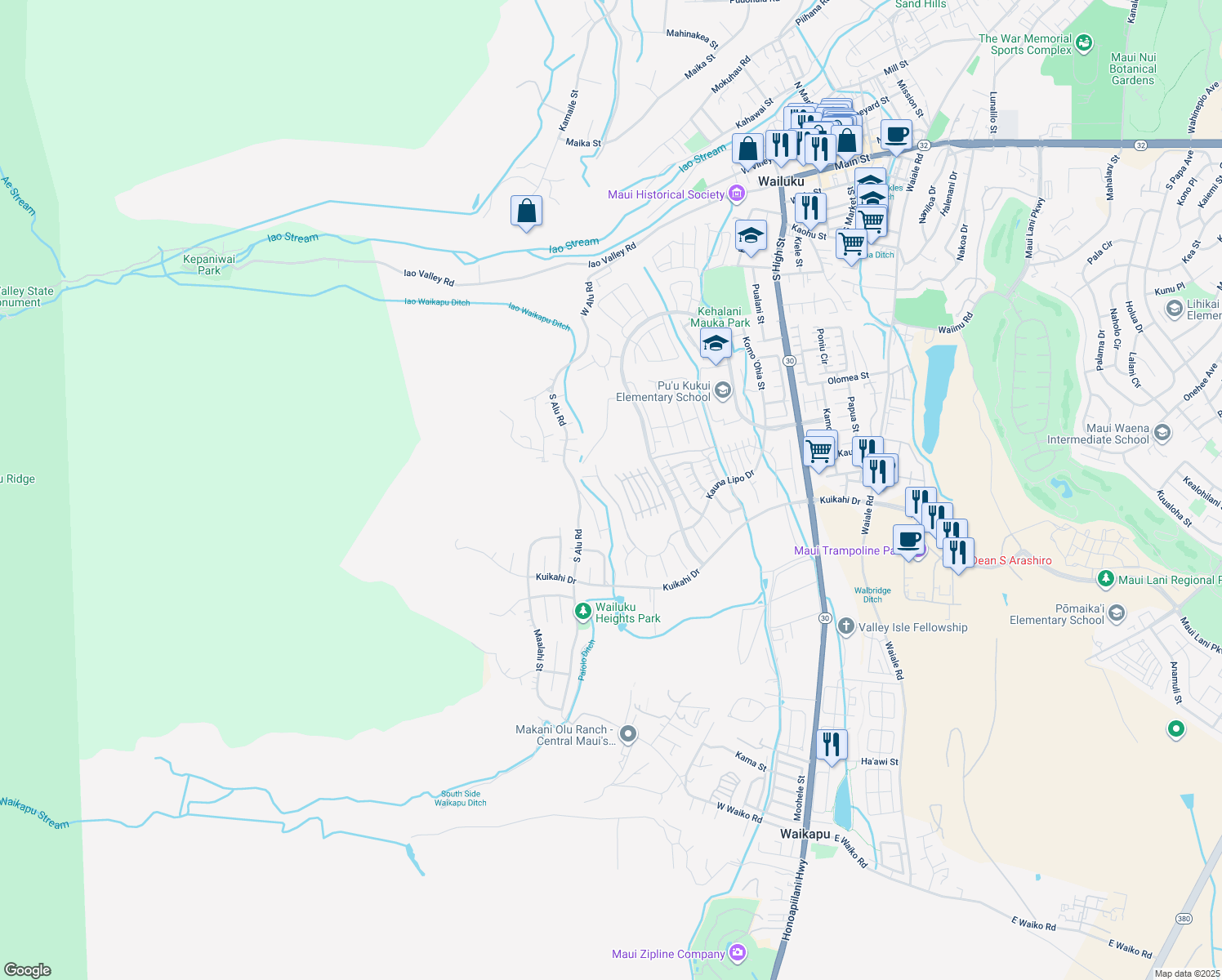 map of restaurants, bars, coffee shops, grocery stores, and more near 0 Kauna Lipo Drive in Wailuku