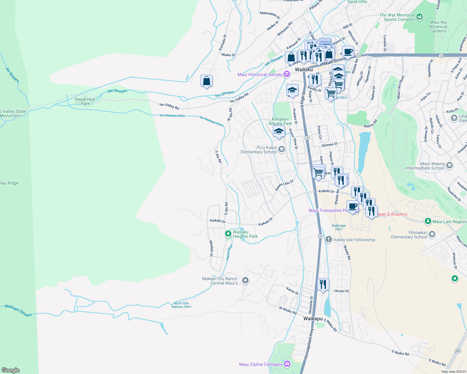 map of restaurants, bars, coffee shops, grocery stores, and more near 637 Kauna Lipo Drive in Wailuku