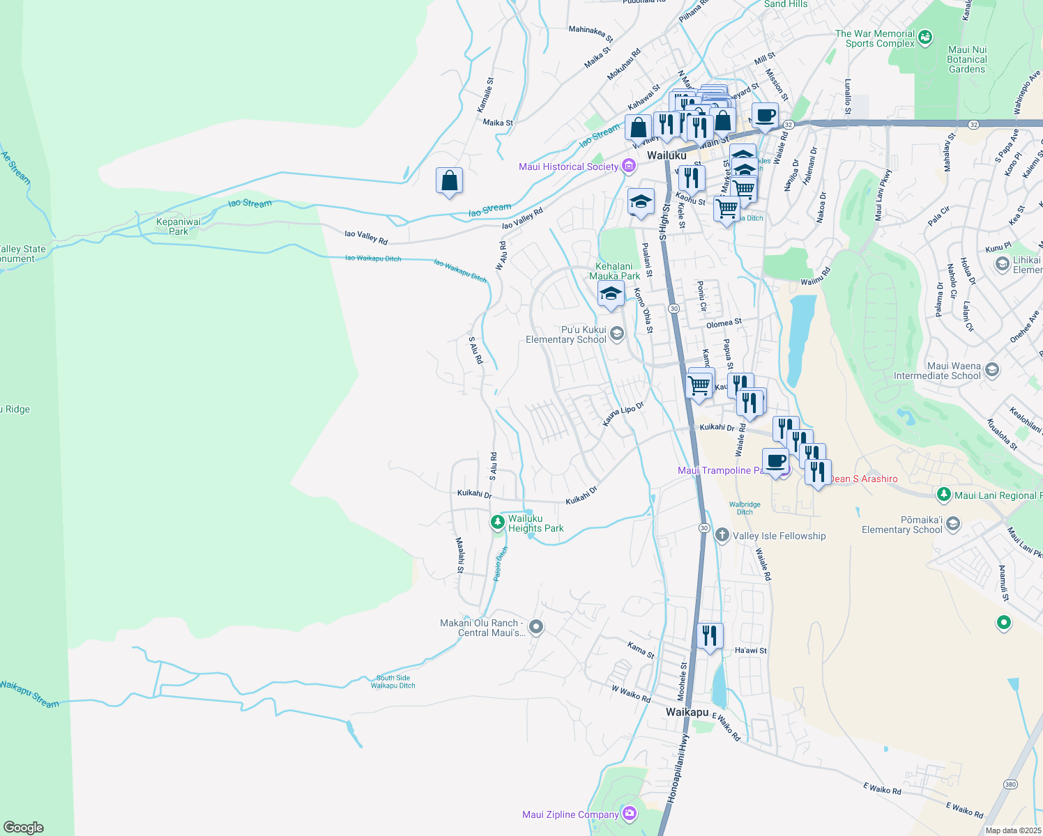 map of restaurants, bars, coffee shops, grocery stores, and more near 0 Kauna Lipo Drive in Wailuku