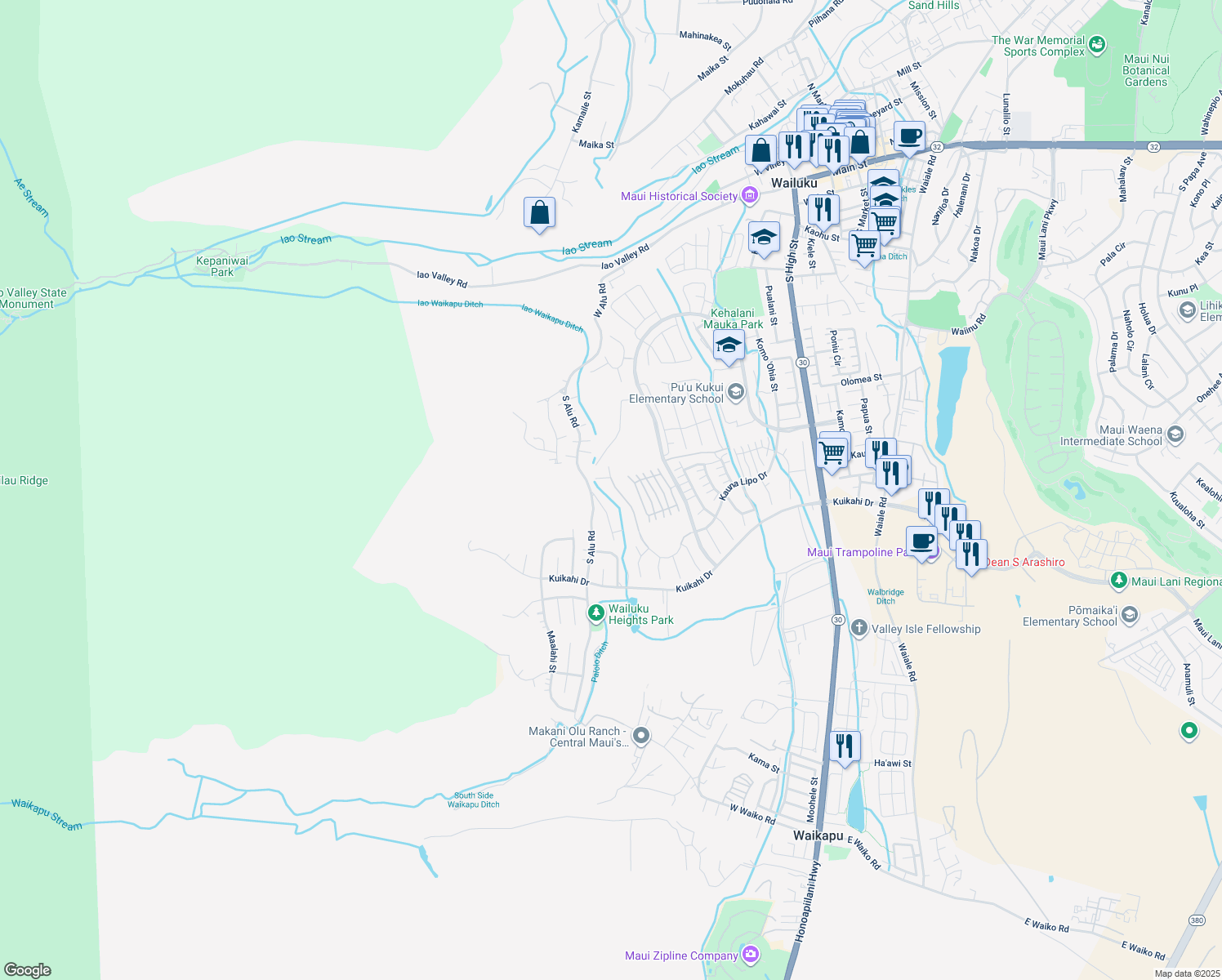 map of restaurants, bars, coffee shops, grocery stores, and more near 0 Kauna Lipo Drive in Wailuku