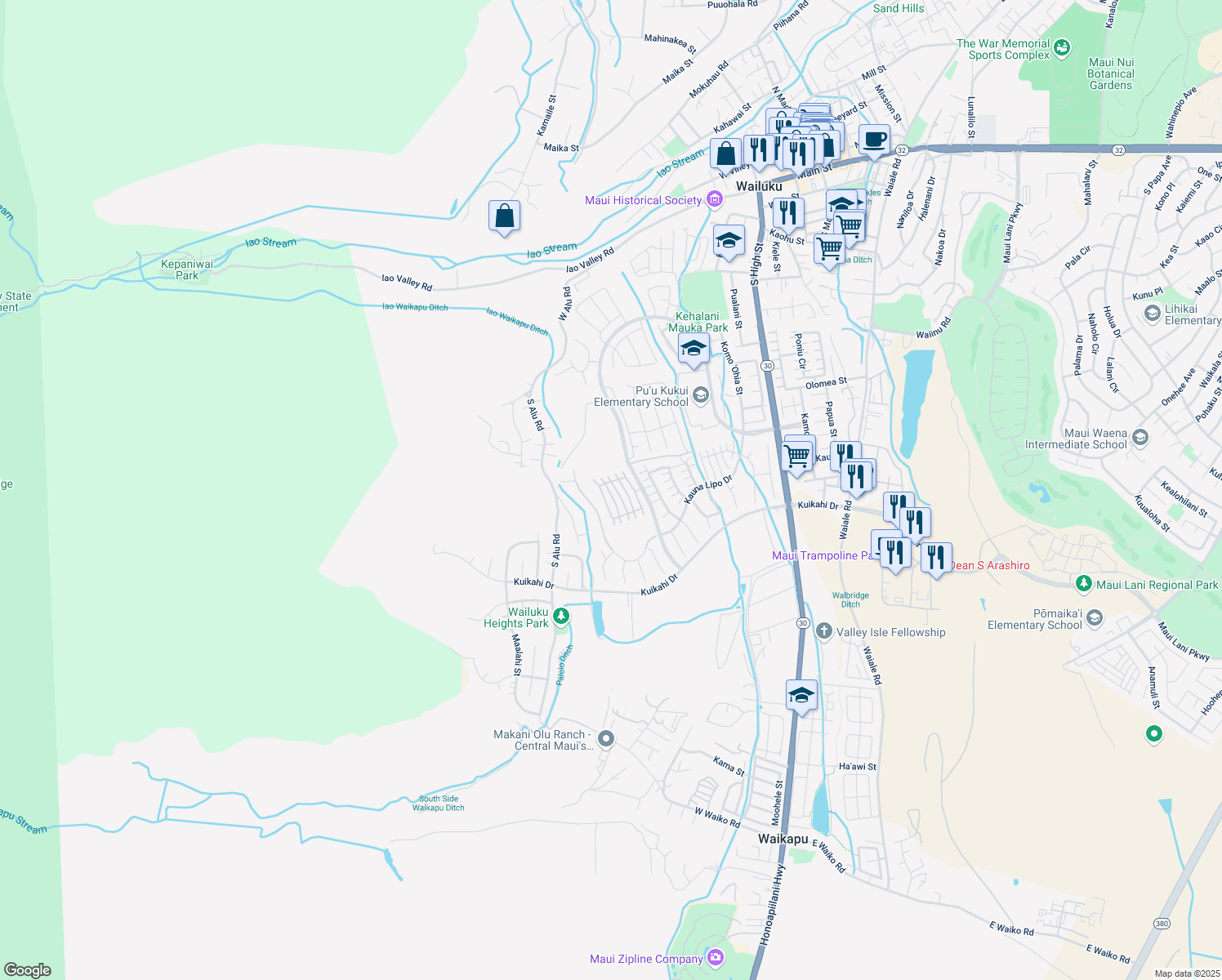 map of restaurants, bars, coffee shops, grocery stores, and more near 29 Laukona Street in Wailuku