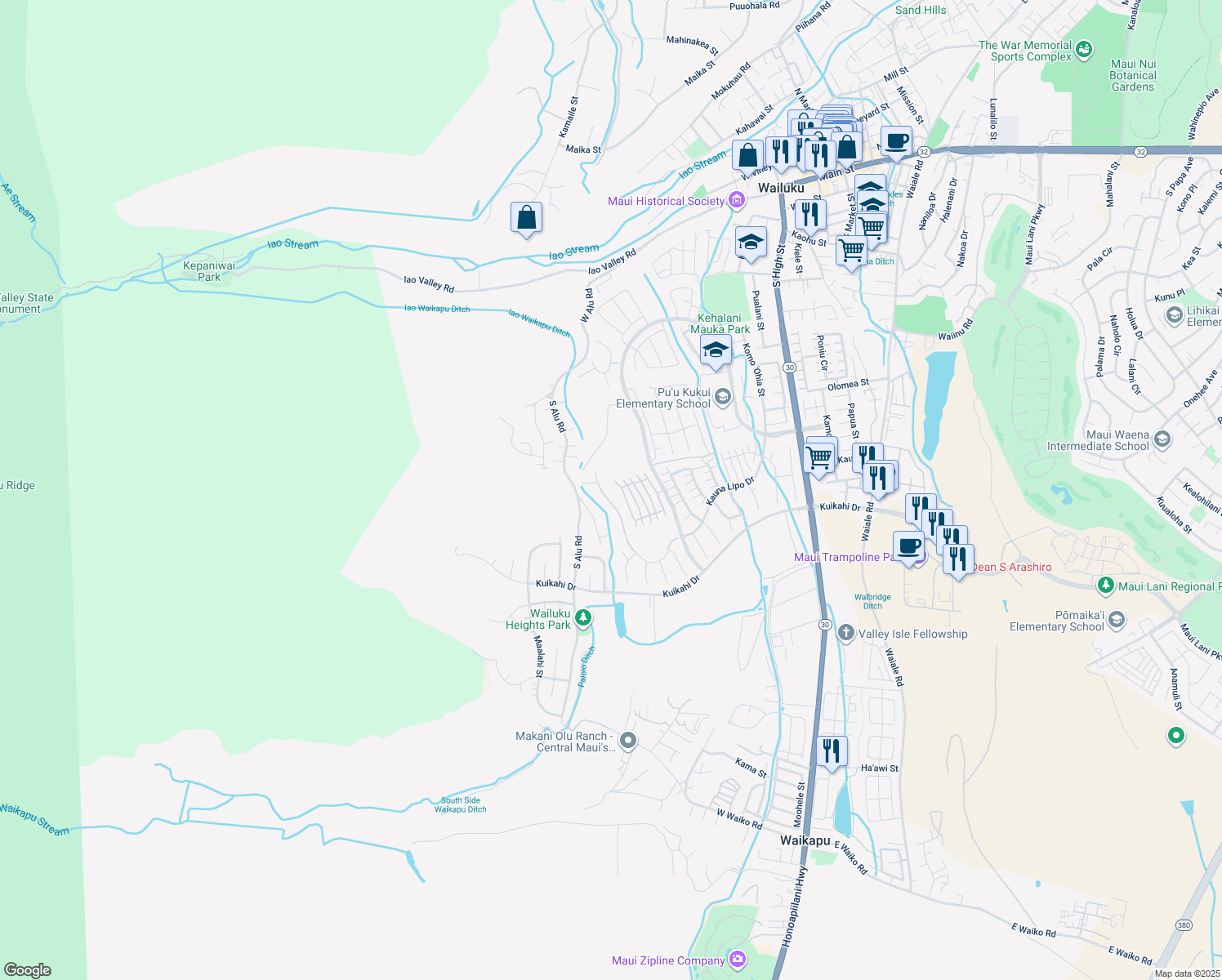 map of restaurants, bars, coffee shops, grocery stores, and more near 29 Laukona Street in Wailuku