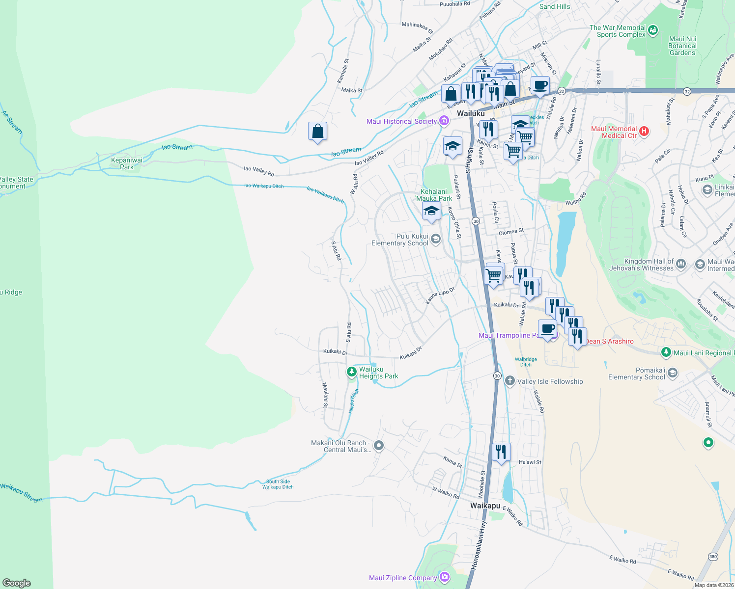map of restaurants, bars, coffee shops, grocery stores, and more near 45 Laukona Street in Wailuku