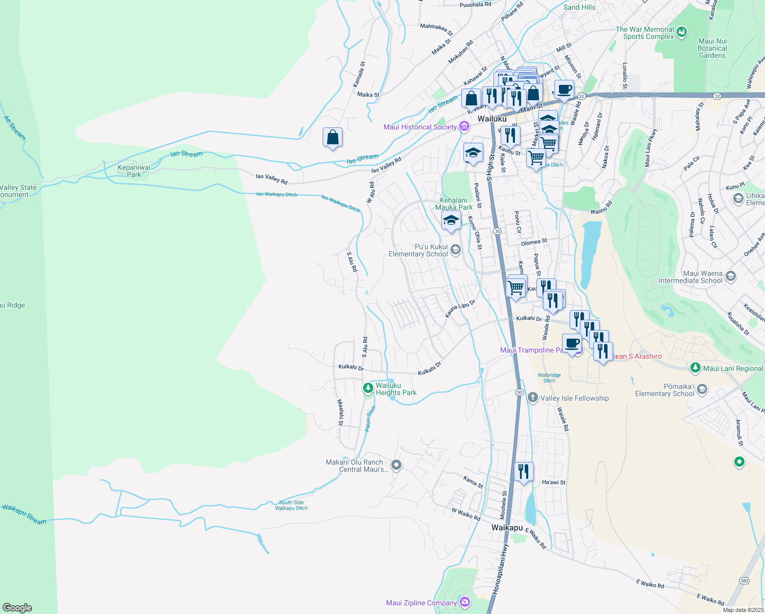 map of restaurants, bars, coffee shops, grocery stores, and more near 0 Kauna Lipo Drive in Wailuku