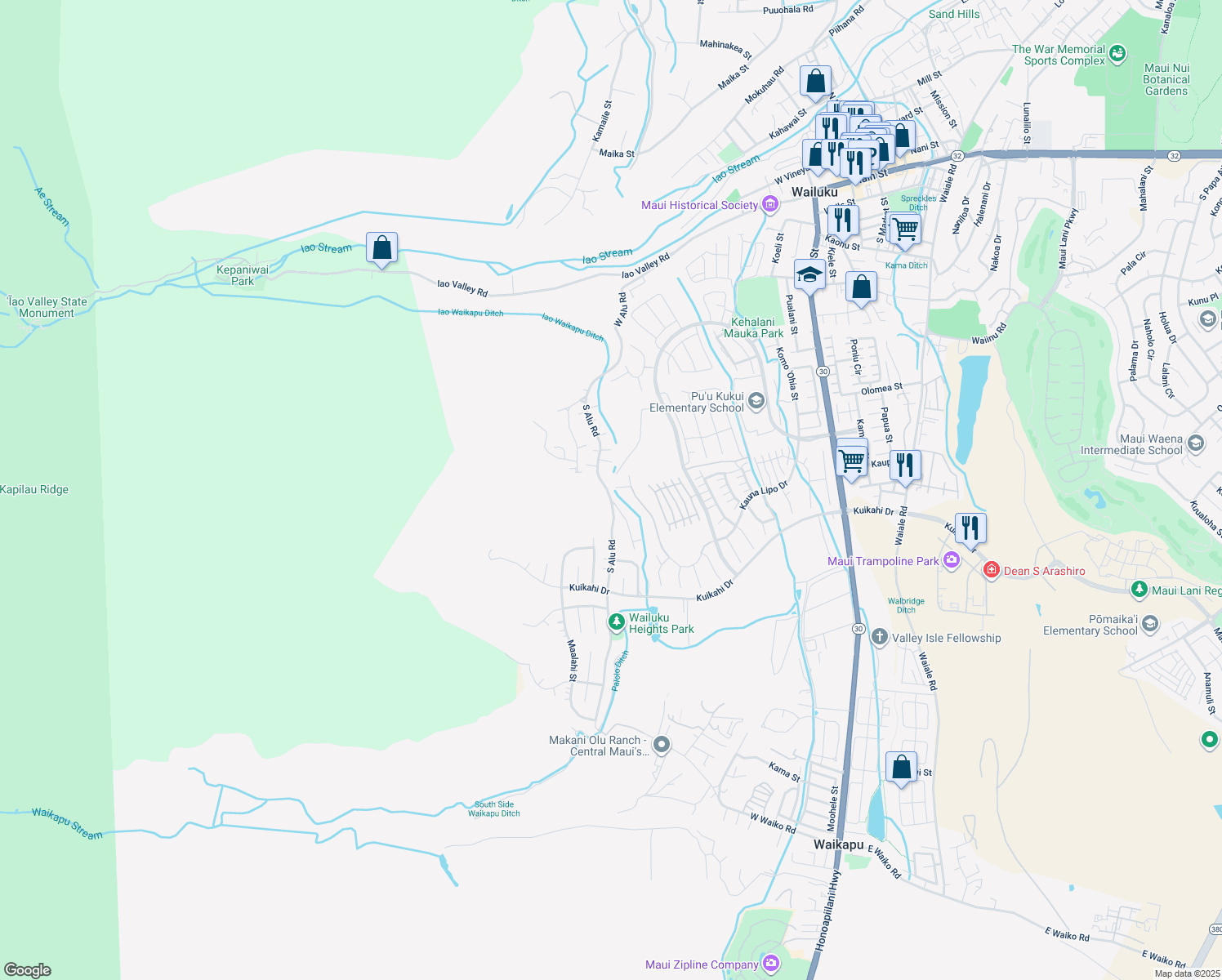 map of restaurants, bars, coffee shops, grocery stores, and more near 347 South Alu Road in Wailuku
