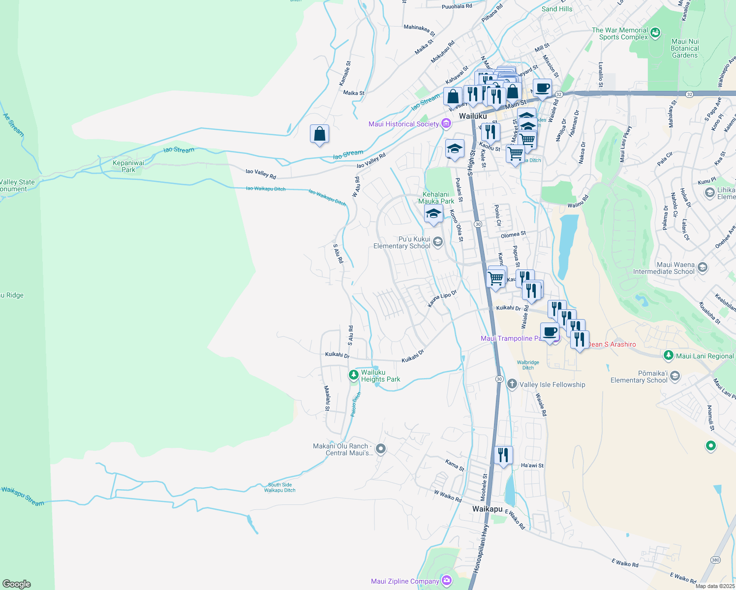 map of restaurants, bars, coffee shops, grocery stores, and more near 0 Kauna Lipo Drive in Wailuku