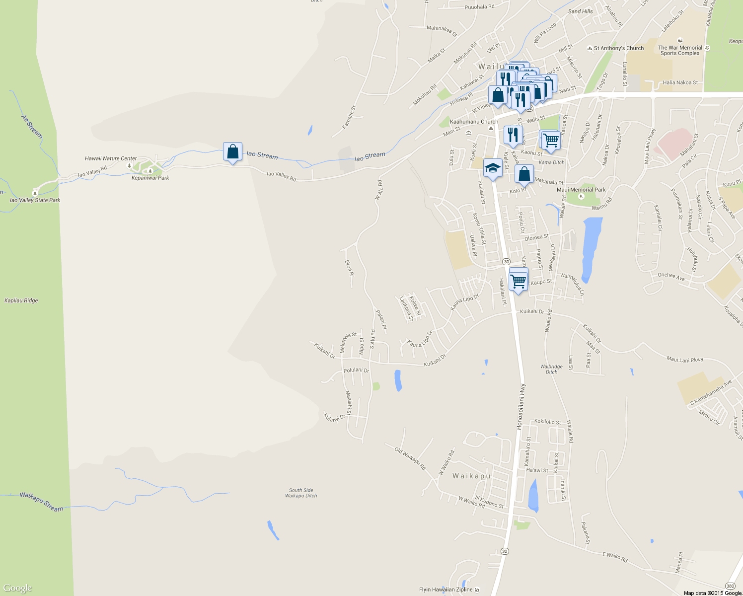 map of restaurants, bars, coffee shops, grocery stores, and more near 347 South Alu Road in Wailuku