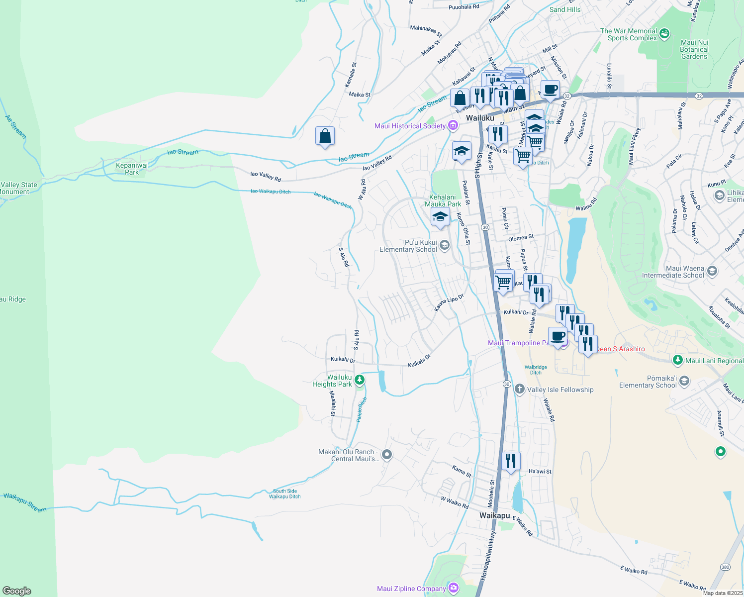 map of restaurants, bars, coffee shops, grocery stores, and more near 642 Kauna Lipo Drive in Wailuku