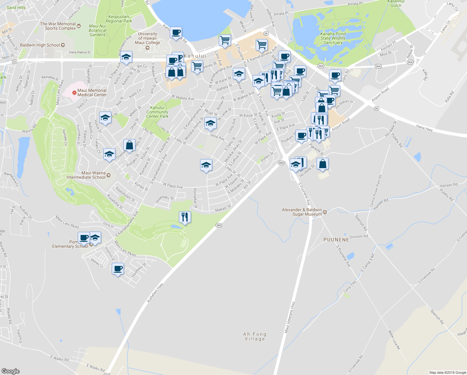 map of restaurants, bars, coffee shops, grocery stores, and more near 304 South Mokapu Street in Kahului