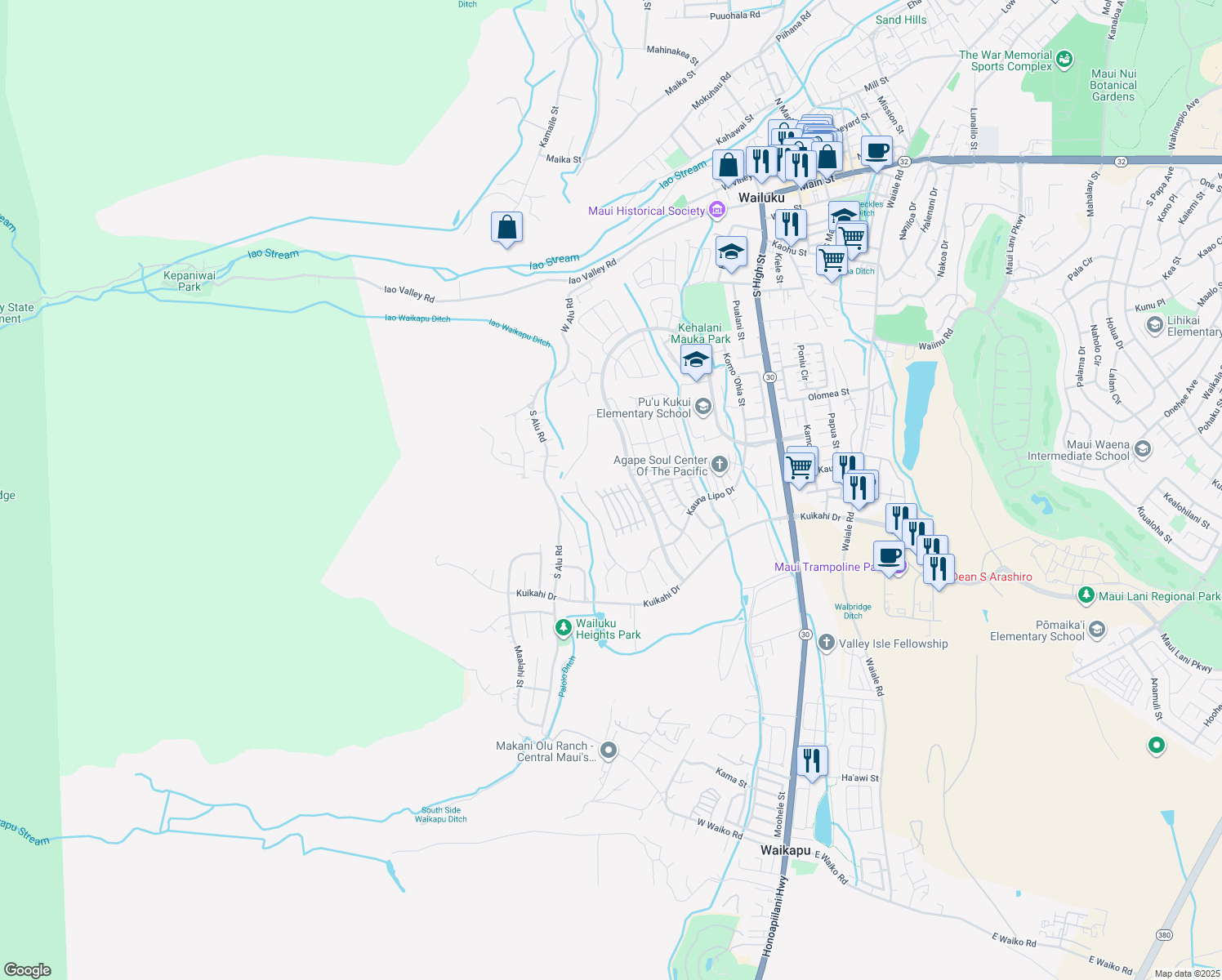 map of restaurants, bars, coffee shops, grocery stores, and more near 19 Pohina Street in Wailuku