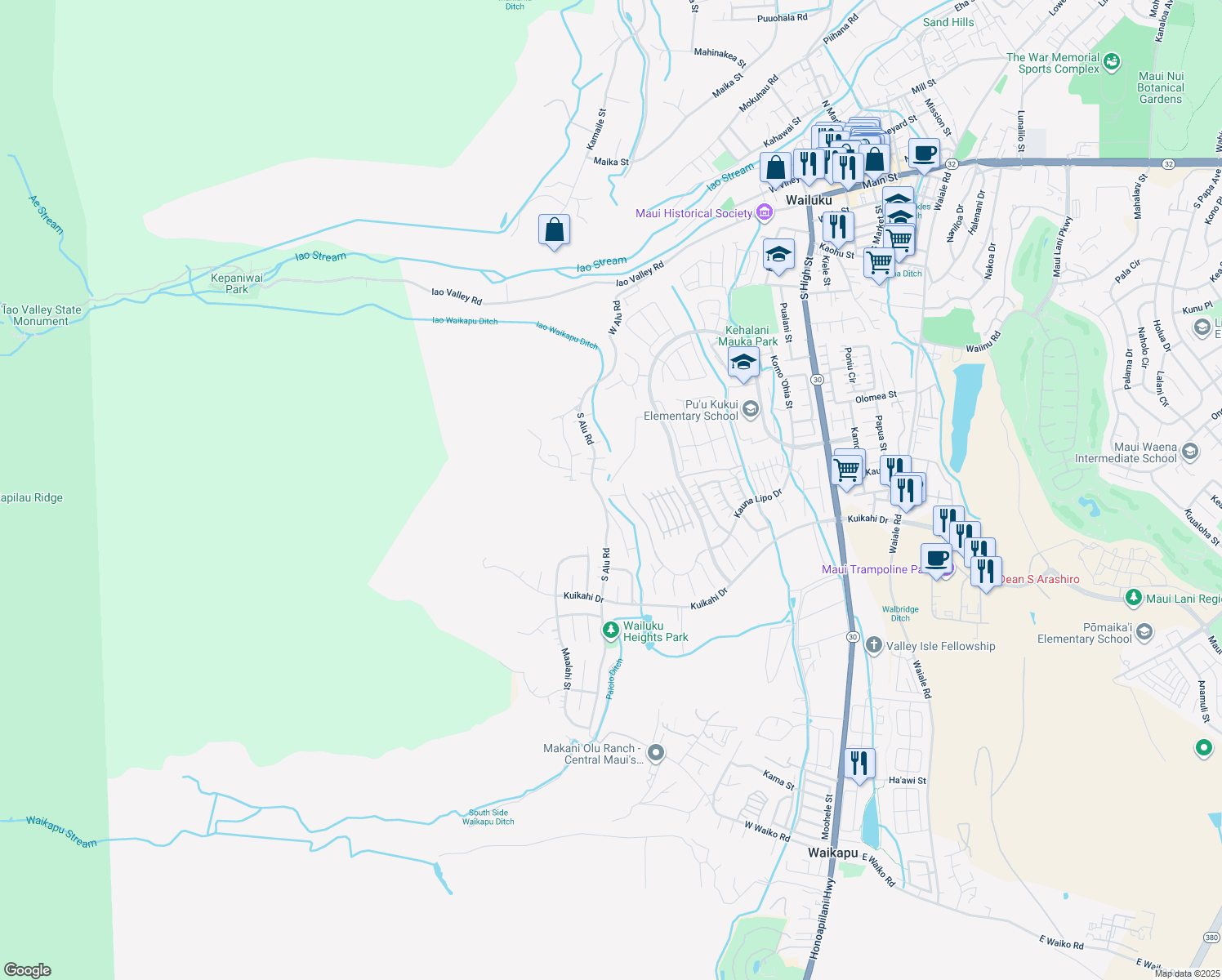 map of restaurants, bars, coffee shops, grocery stores, and more near 673 Kauna Lipo Drive in Wailuku