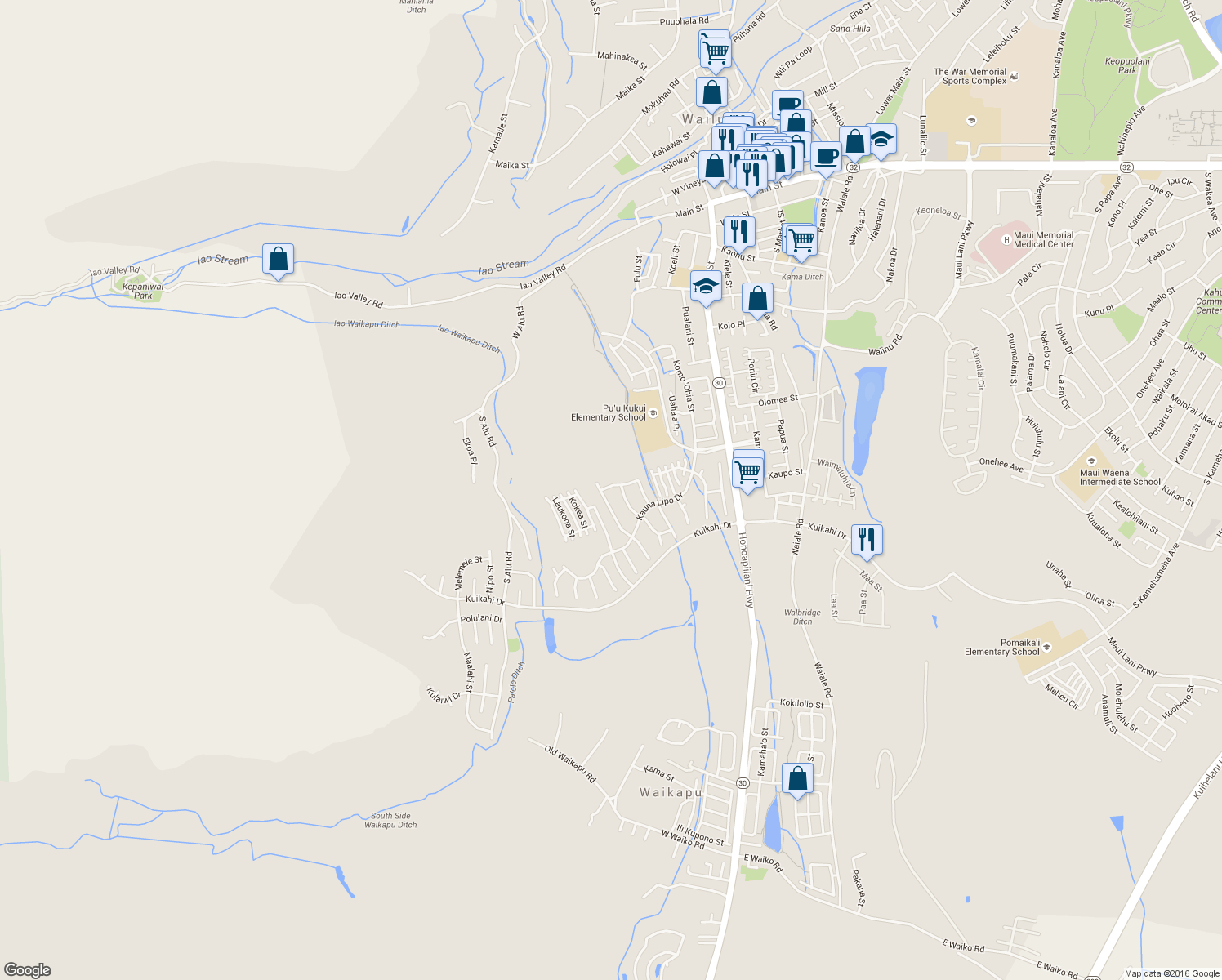 map of restaurants, bars, coffee shops, grocery stores, and more near 12 Kinohi Loa Street in Wailuku