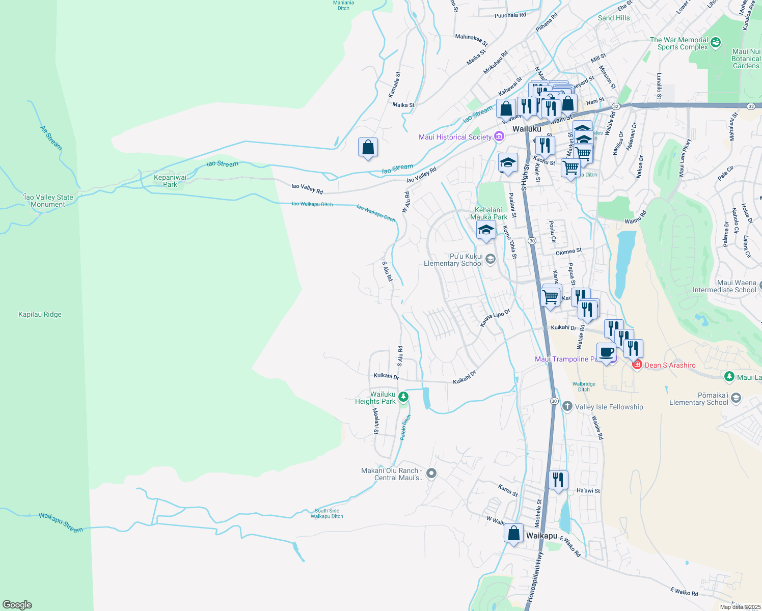 map of restaurants, bars, coffee shops, grocery stores, and more near 324 Ekoa Place in Wailuku