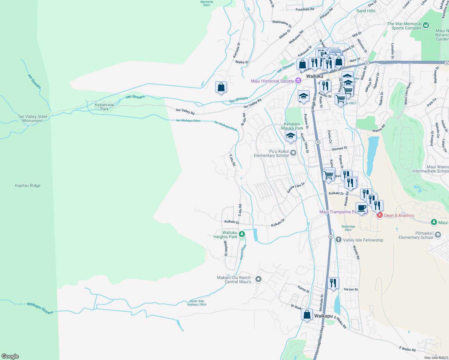 map of restaurants, bars, coffee shops, grocery stores, and more near 324 Ekoa Place in Wailuku