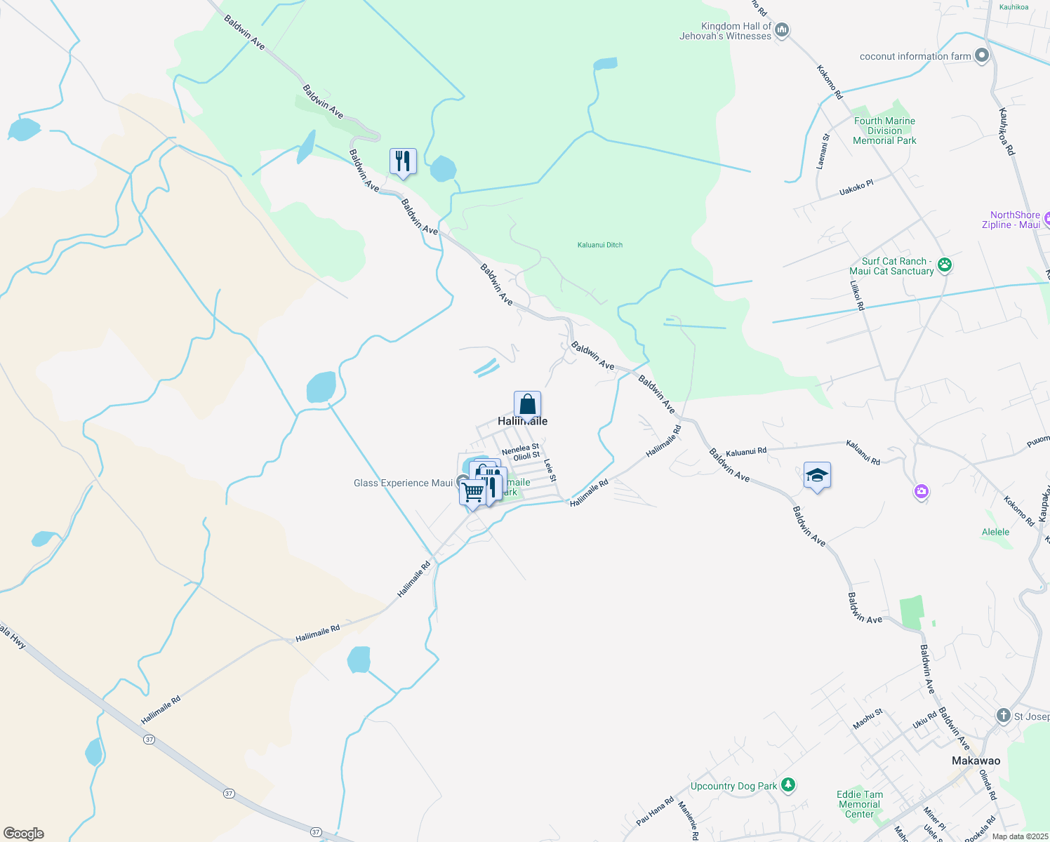 map of restaurants, bars, coffee shops, grocery stores, and more near 56 Aoiki Street in Makawao