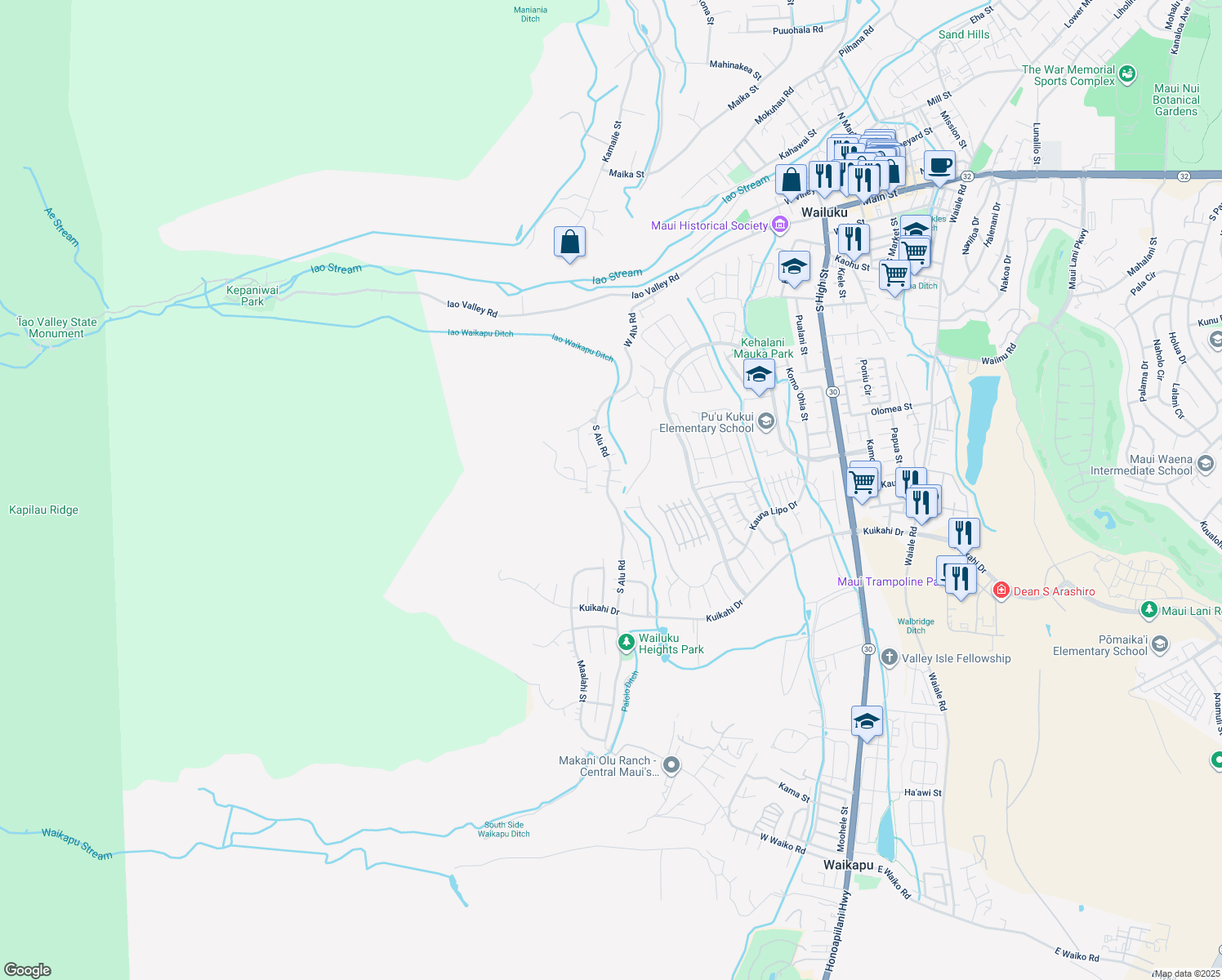 map of restaurants, bars, coffee shops, grocery stores, and more near 327 South Alu Road in Wailuku