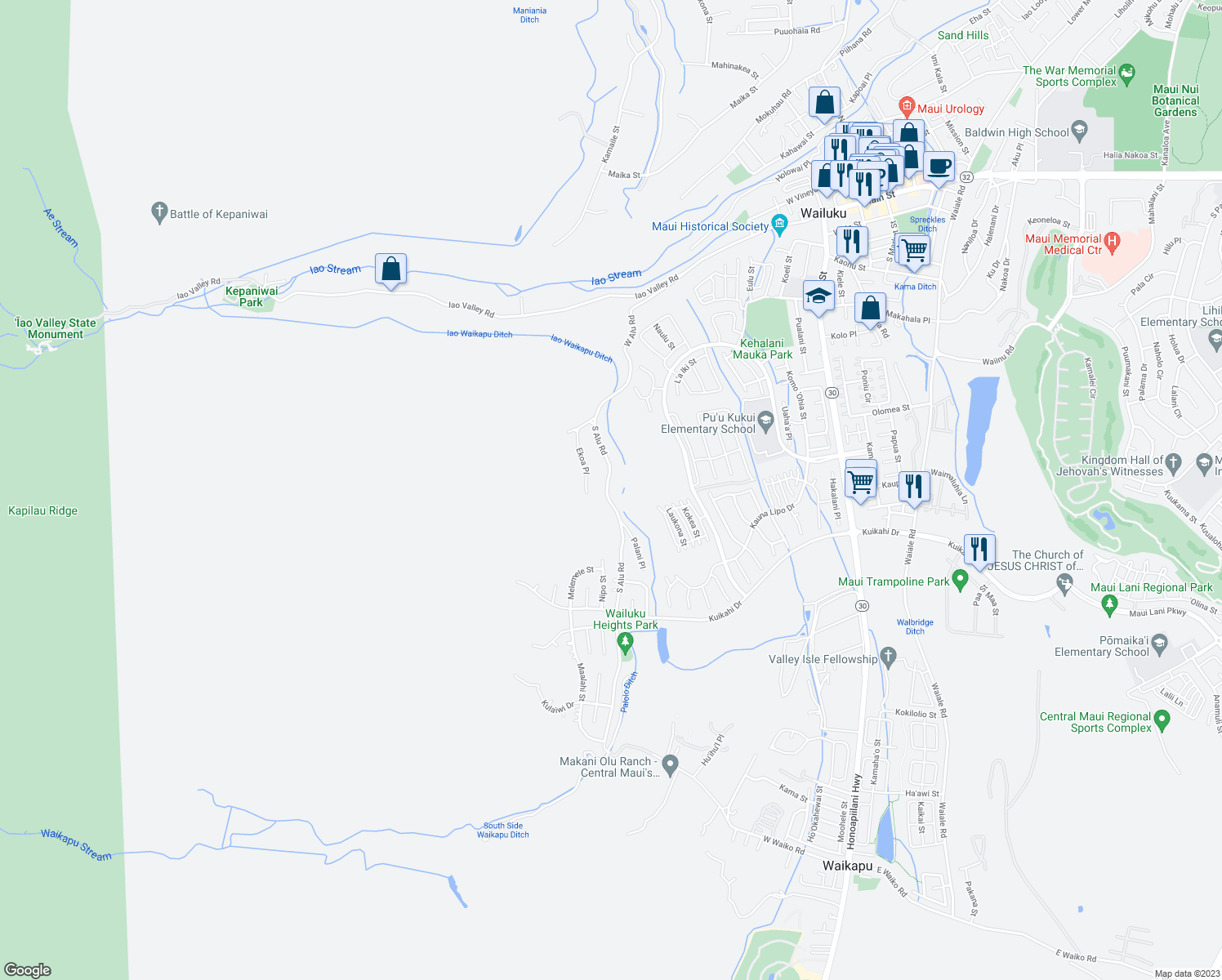 map of restaurants, bars, coffee shops, grocery stores, and more near 327 South Alu Road in Wailuku