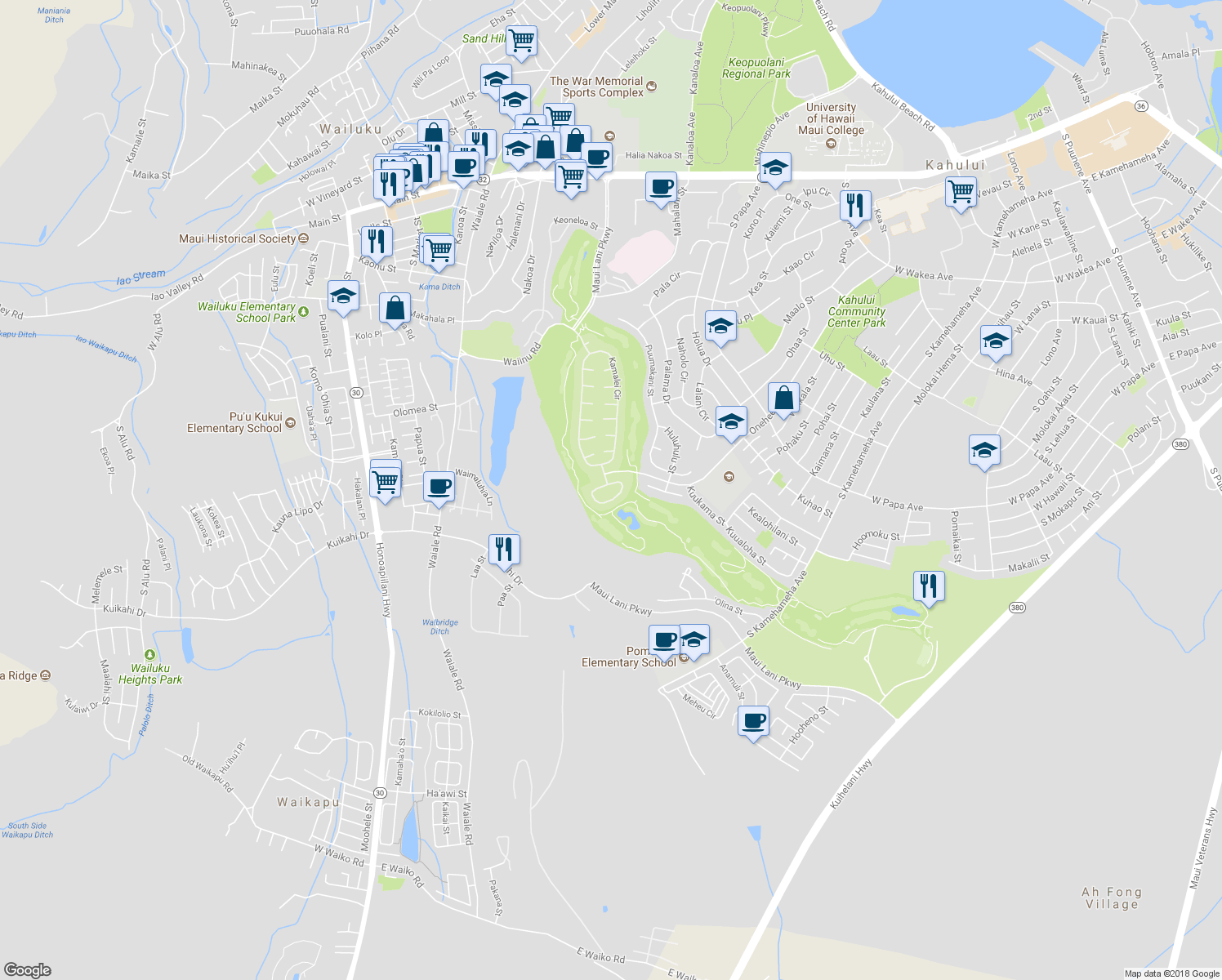 map of restaurants, bars, coffee shops, grocery stores, and more near 12 Kamaiki Circle in Kahului