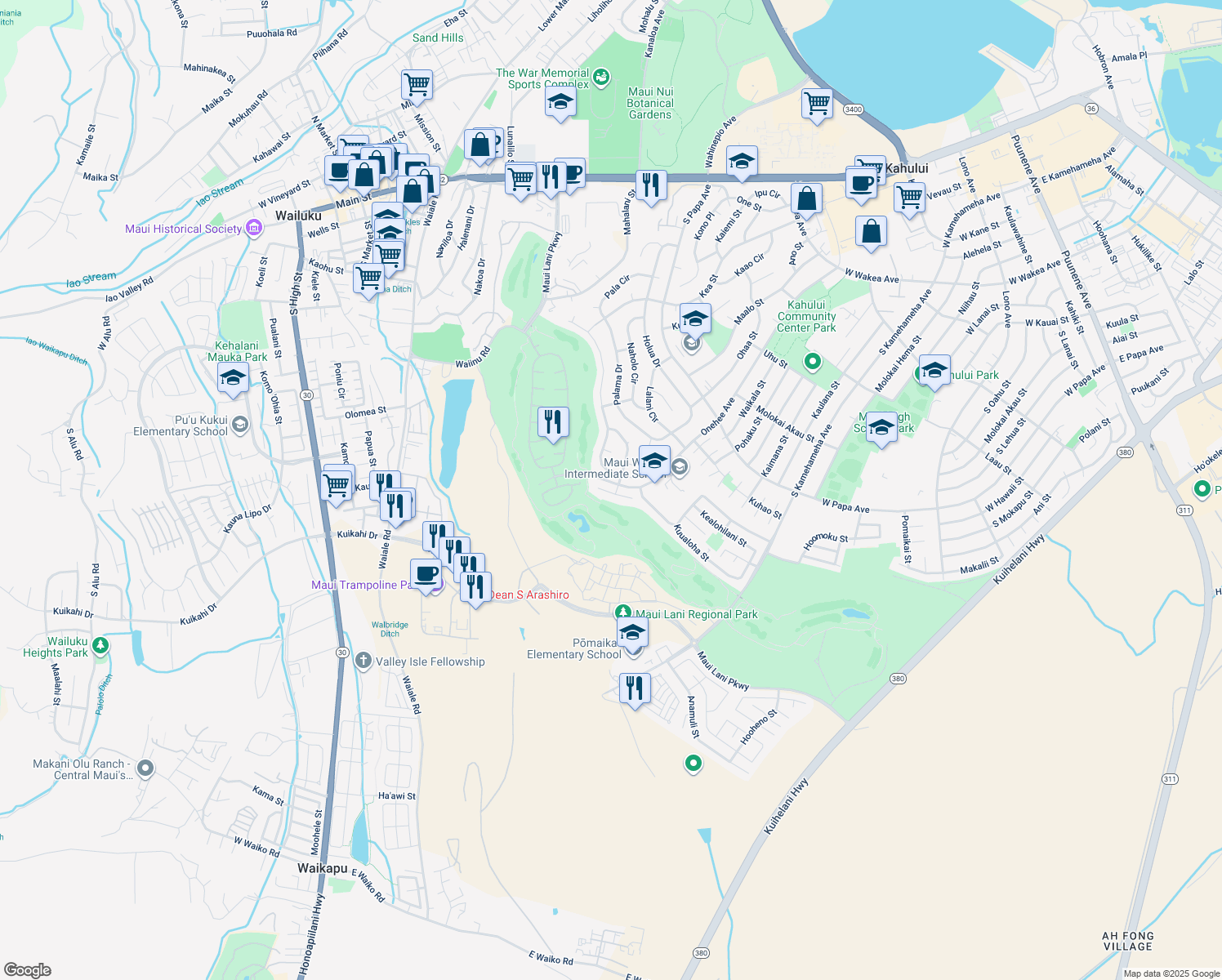 map of restaurants, bars, coffee shops, grocery stores, and more near 46 Huluhulu Place in Kahului