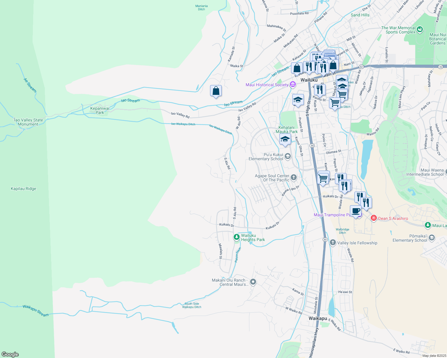 map of restaurants, bars, coffee shops, grocery stores, and more near 305 Ekoa Place in Wailuku