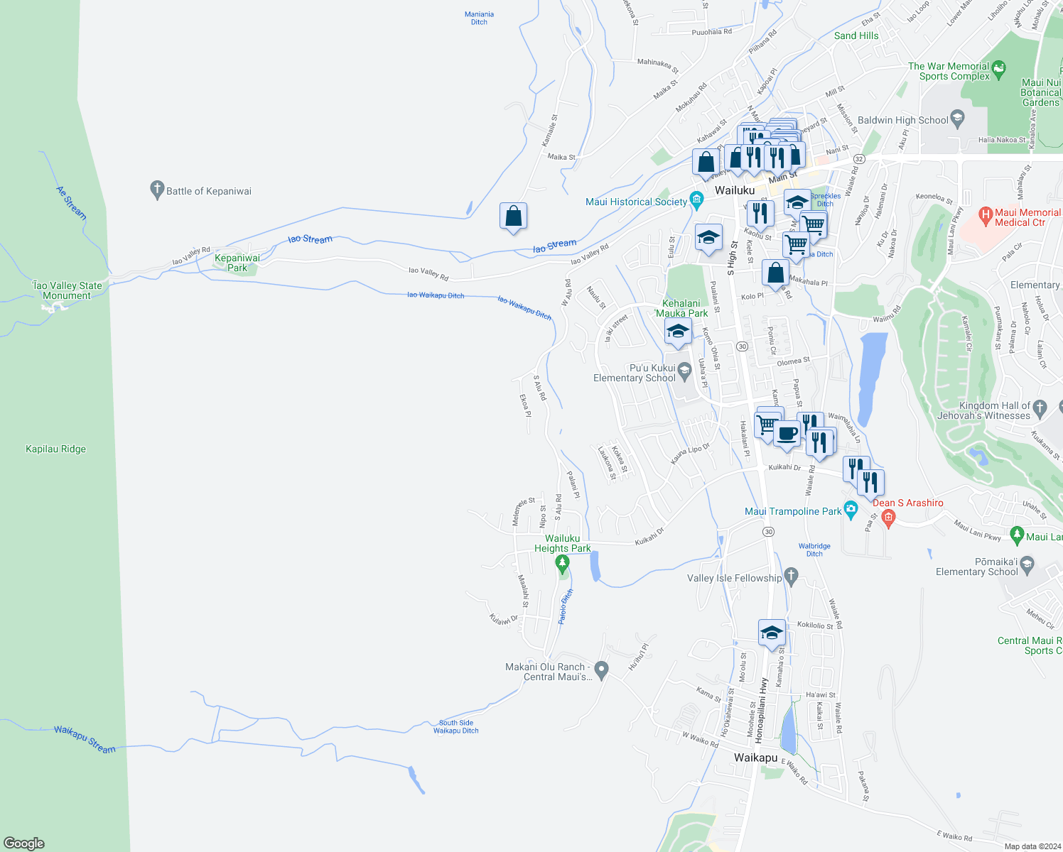 map of restaurants, bars, coffee shops, grocery stores, and more near 305 Ekoa Place in Wailuku