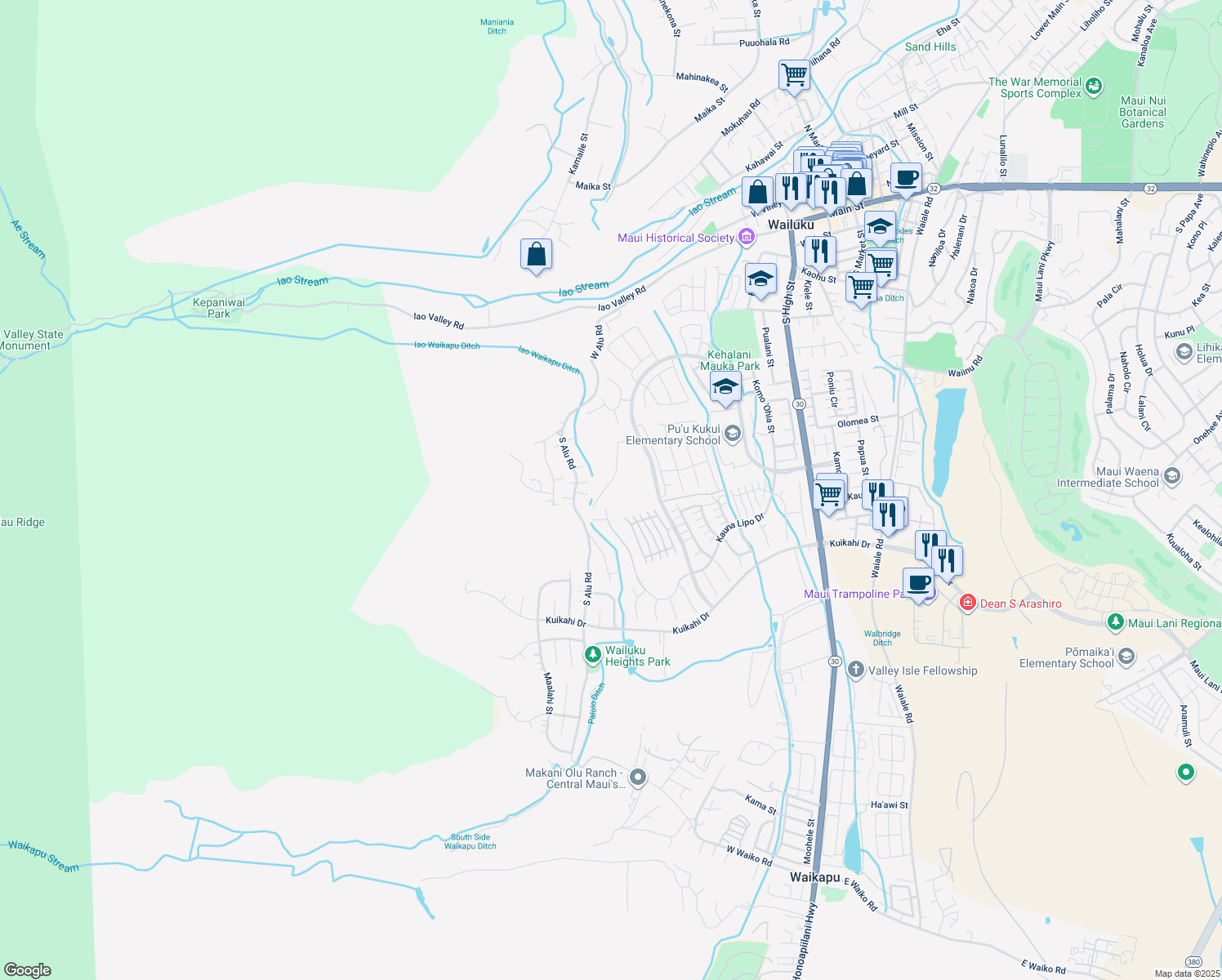 map of restaurants, bars, coffee shops, grocery stores, and more near 10 Palaa Place in Wailuku