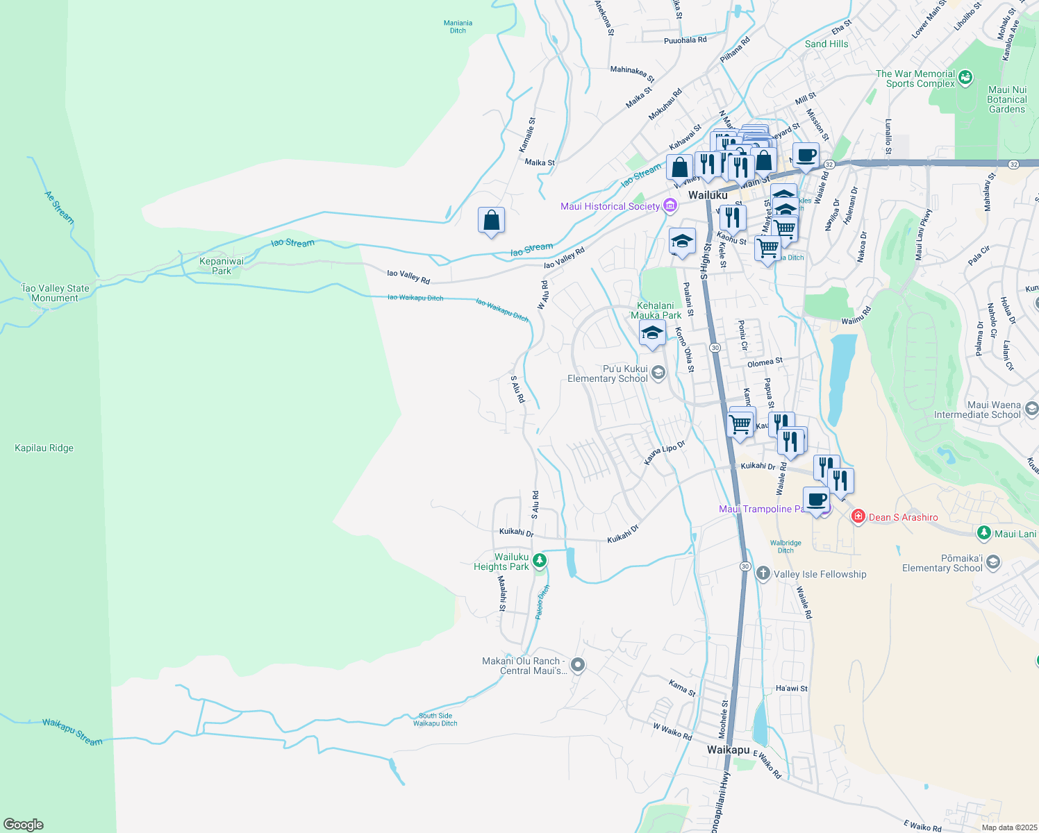 map of restaurants, bars, coffee shops, grocery stores, and more near 300 South Alu Road in Wailuku