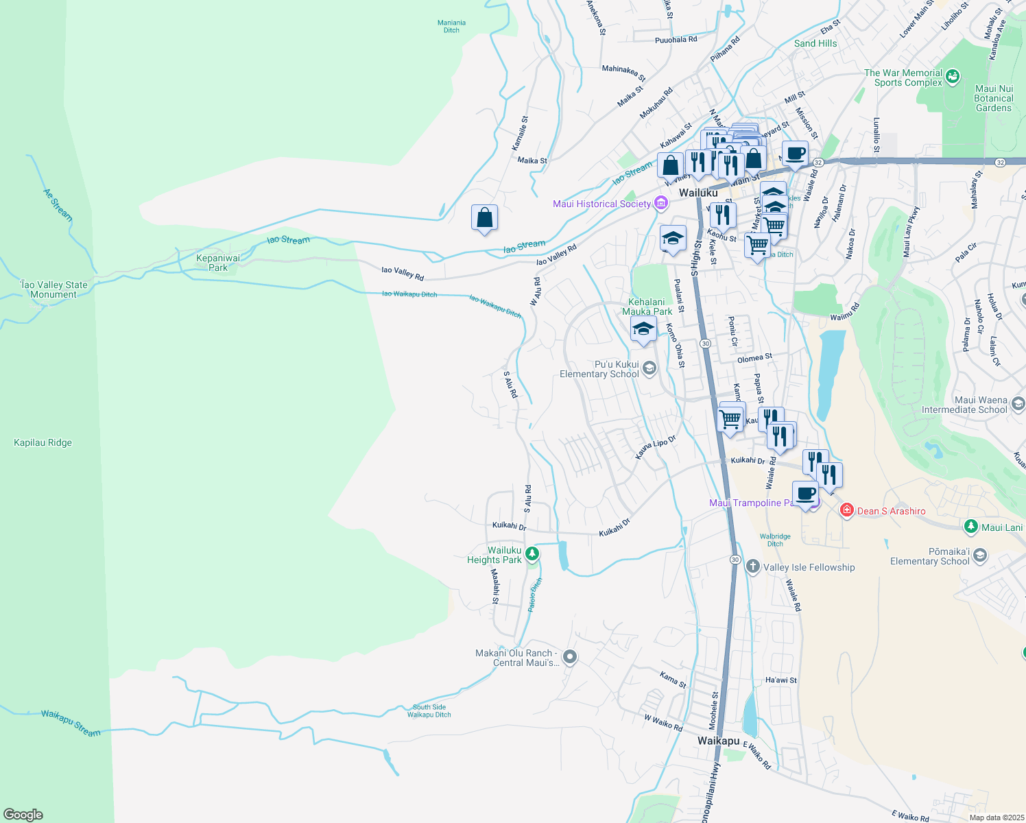 map of restaurants, bars, coffee shops, grocery stores, and more near 300 South Alu Road in Wailuku