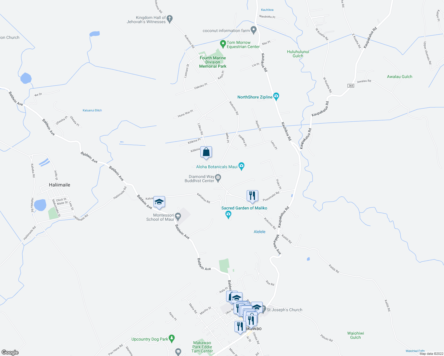 map of restaurants, bars, coffee shops, grocery stores, and more near 2520 Pololei Place in Haiku-Pauwela