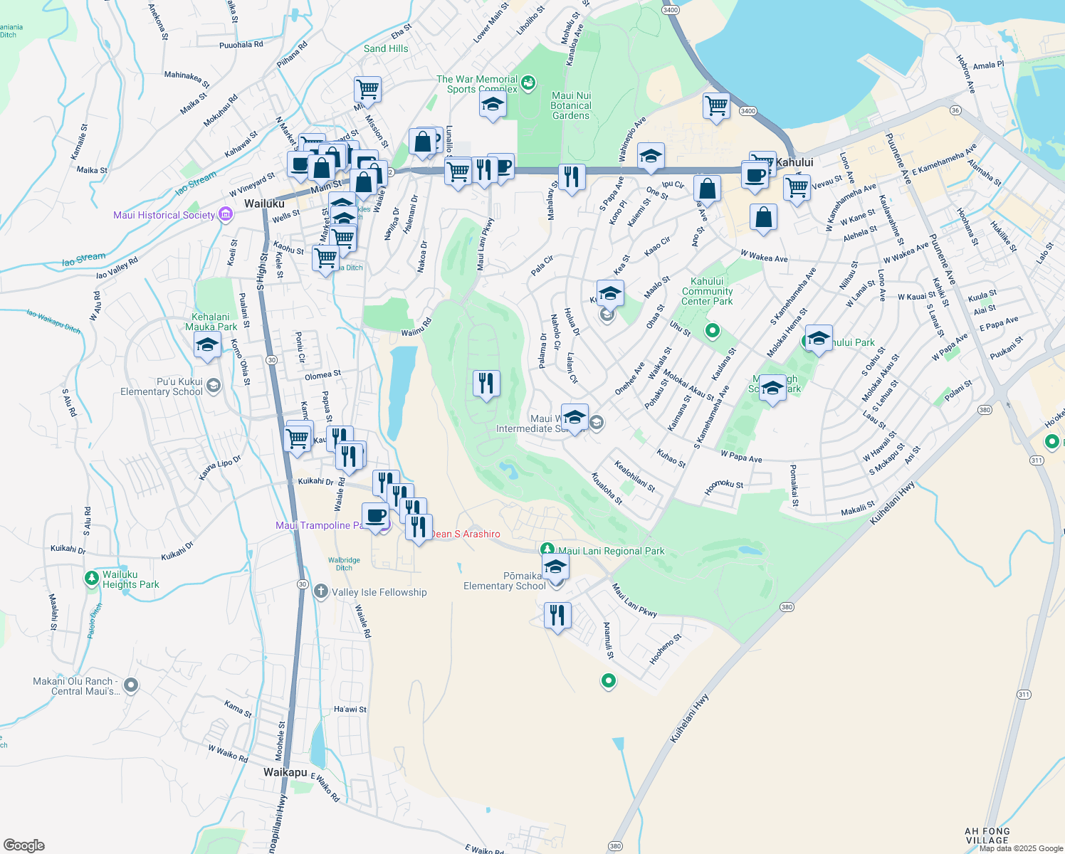 map of restaurants, bars, coffee shops, grocery stores, and more near 264 Puumakani Street in Kahului