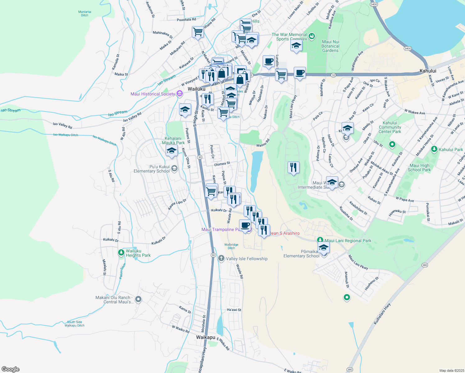 map of restaurants, bars, coffee shops, grocery stores, and more near 685 Meakanu Lane in Wailuku